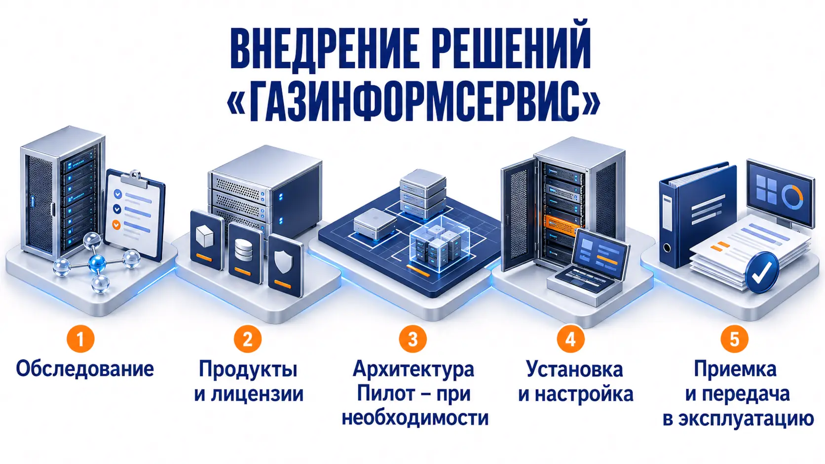 Схема этапов внедрения ИТ-решений от «ГАЗИНФОРМСЕРВИС». 3D-инфографика наглядно демонстрирует полный цикл проекта: первичное обследование инфраструктуры, поставку продуктов и лицензий, проектирование архитектуры (с возможным пилотным запуском), установку и настройку оборудования.