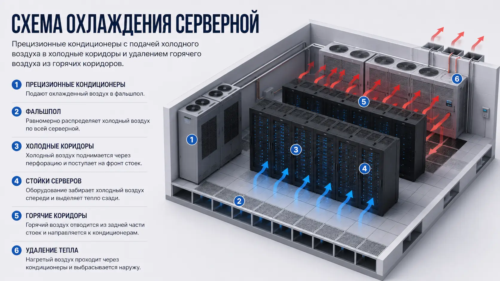 Схема охлаждения серверной - прецизионные кондиционеры с подачей холодного воздуха в холодные коридоры