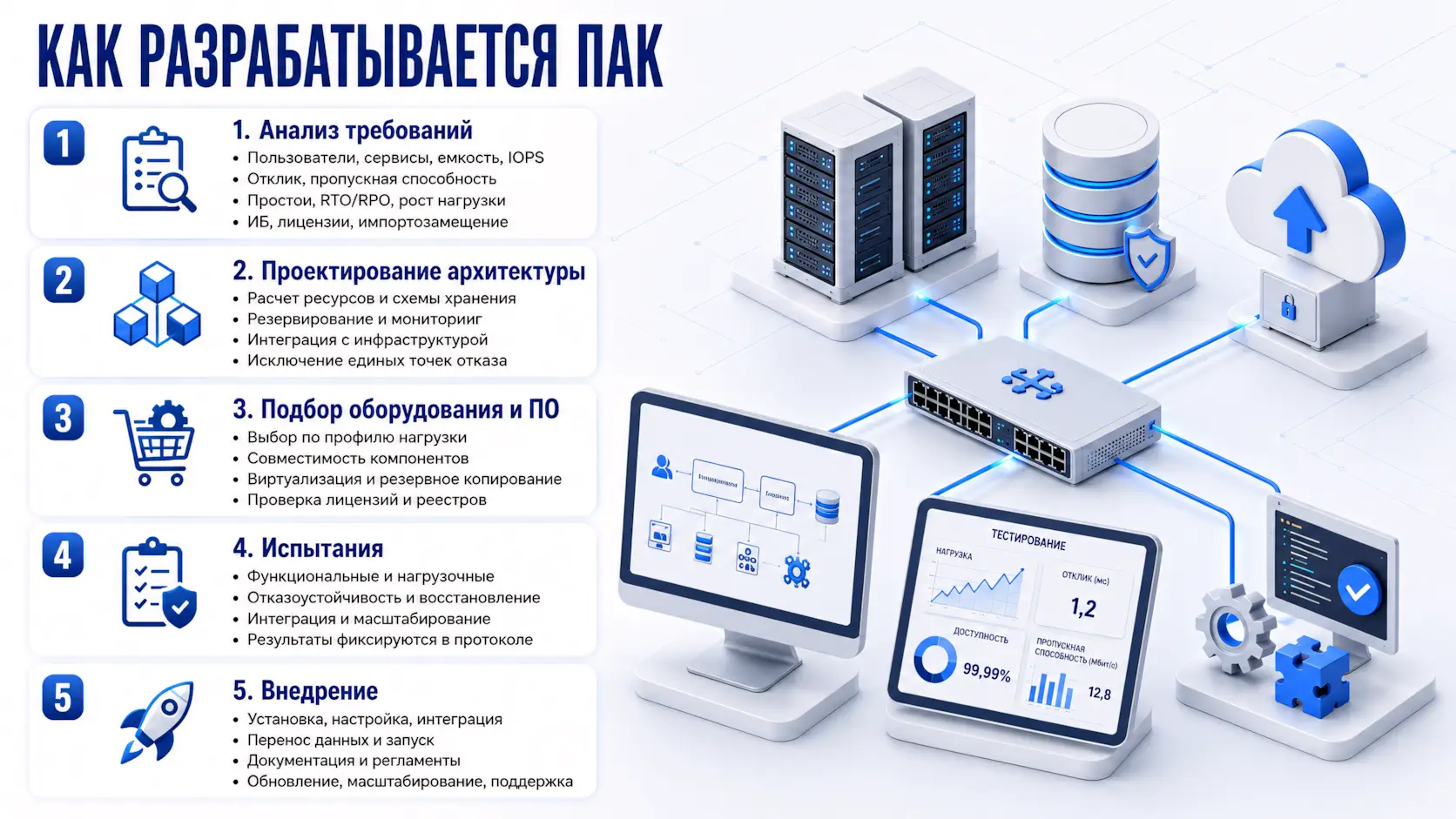 Как разрабатывается ПАК - 5 этапов - анализ, проектирование, подбор, испытания, внедрение