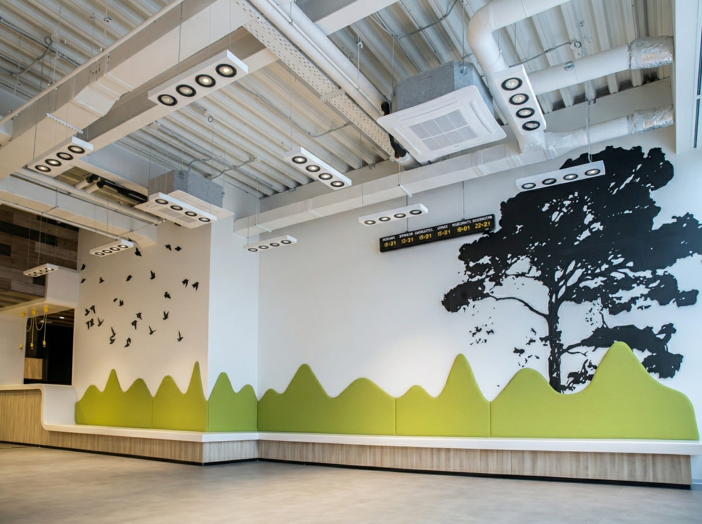 Современное офисное пространство с открытыми инженерными коммуникациями, кассетными кондиционерами и подвесными светильниками