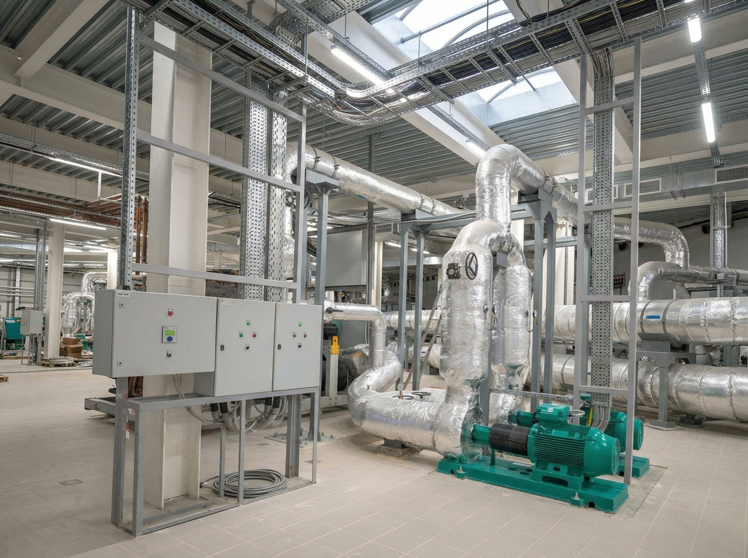 Инженерные системы в техническом помещении: насосы, трубопроводы в теплоизоляции, шкафы управления и кабельные трассы