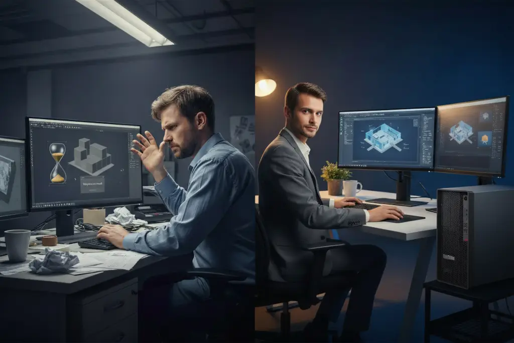 2 изображения - слева недовольный сотрудник с тормозящим компьютером и на экране нарисованы песочные часы, справа довольный сотрудник с ПК от Lenovo, на экране 3д моделирование.