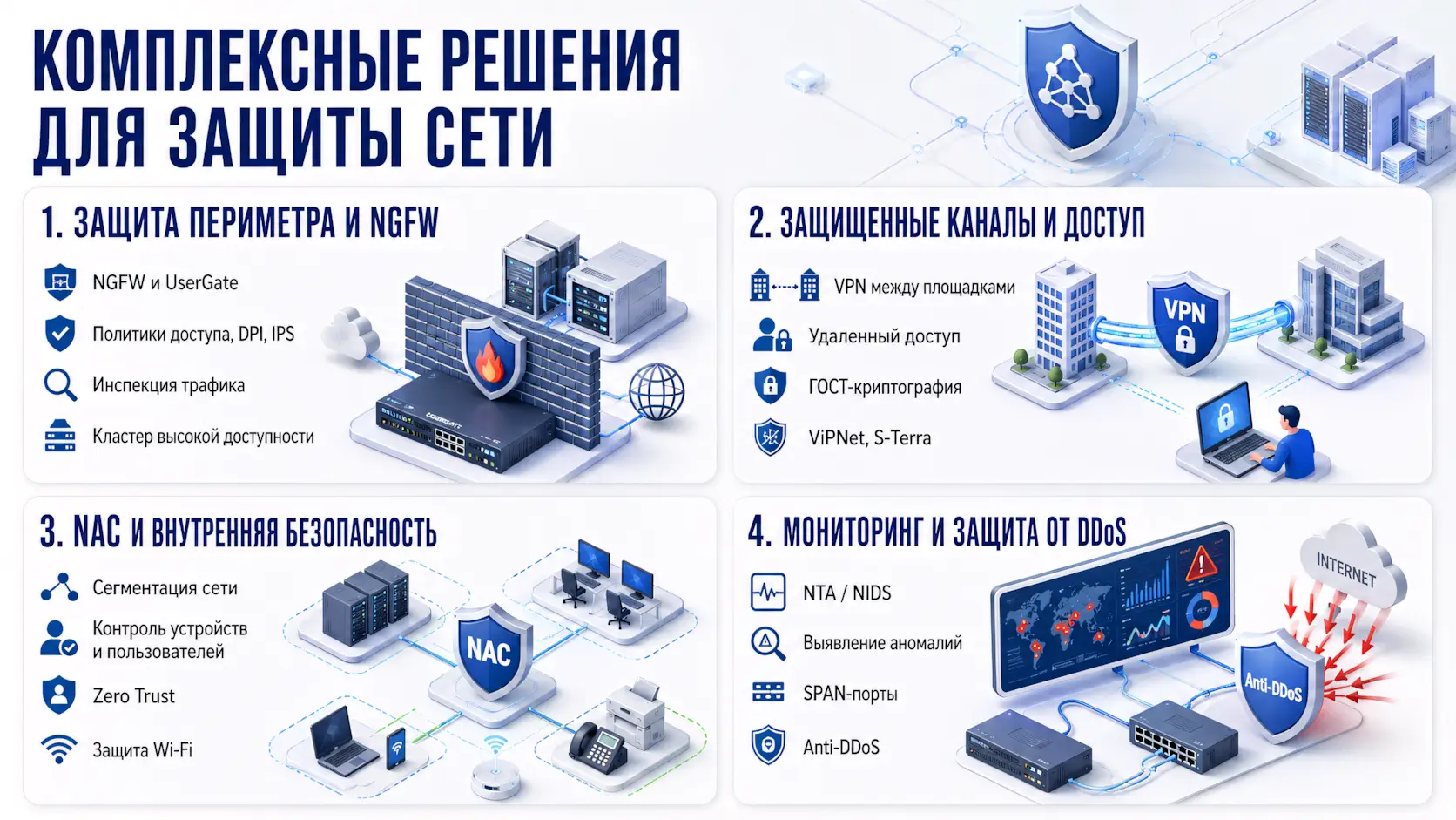 Комплексные решения для защиты - защита периметра и ngfw, nac и внутренняя безопасность, защищенные каналы и доступ, мониторинг и защита от DDos
