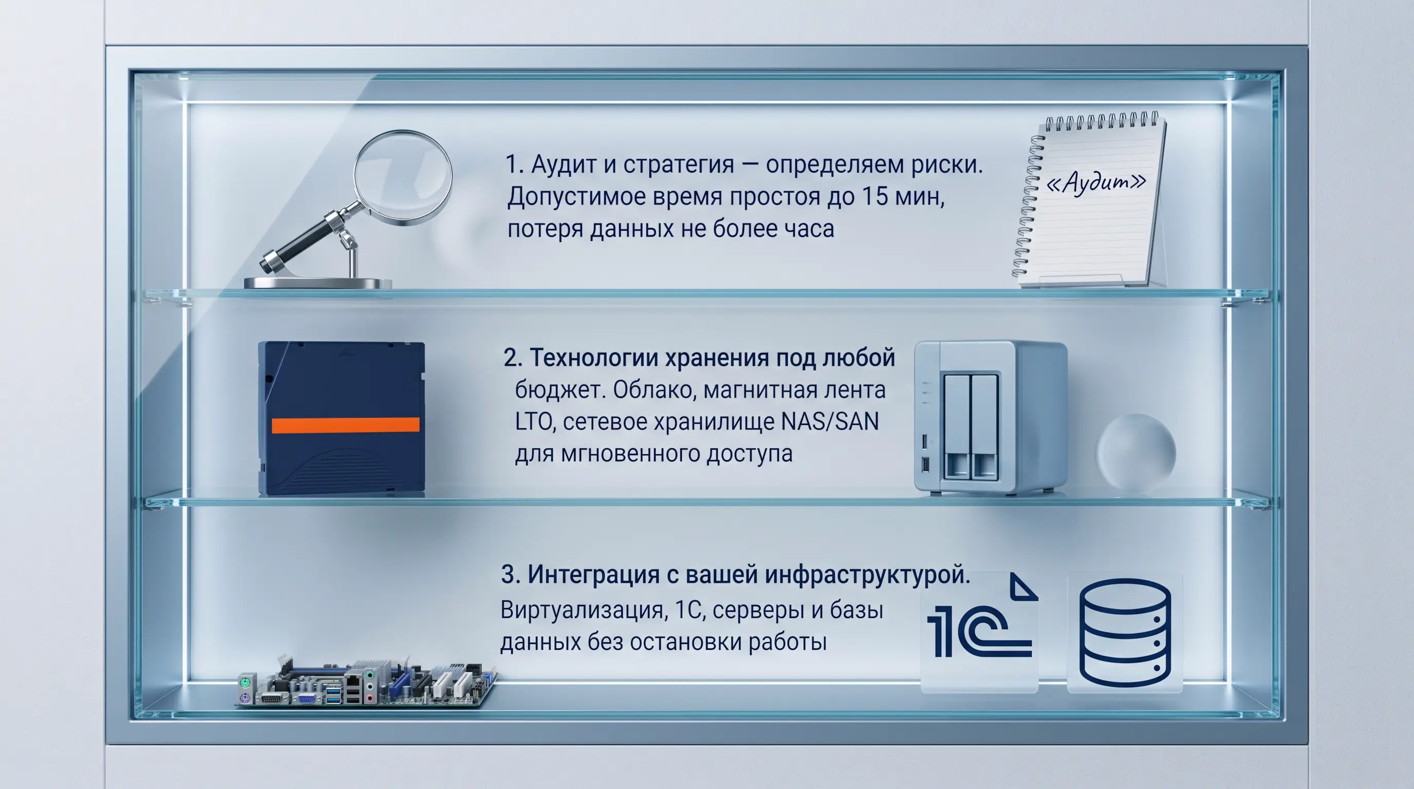 3 стеклянных полки с надписями: Аудит и стратегия, Технологии хранения под любой бюджет, Интеграция с вашей инфраструктурой
