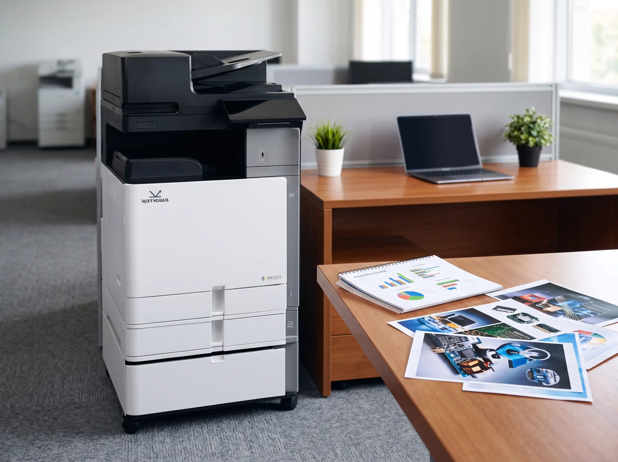 МФУ Катюша MC655, справа рабочий стол с распечатанной цветной продукцией