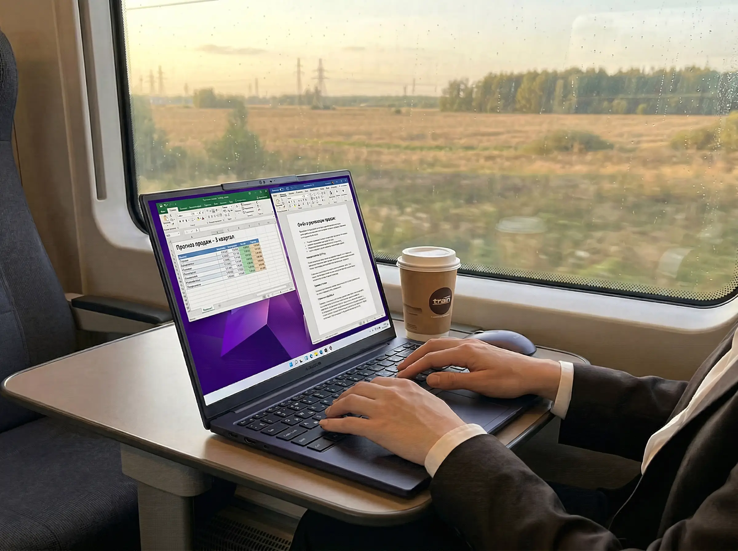 Ноутбук на столе в поезде, человек печатает документ.
