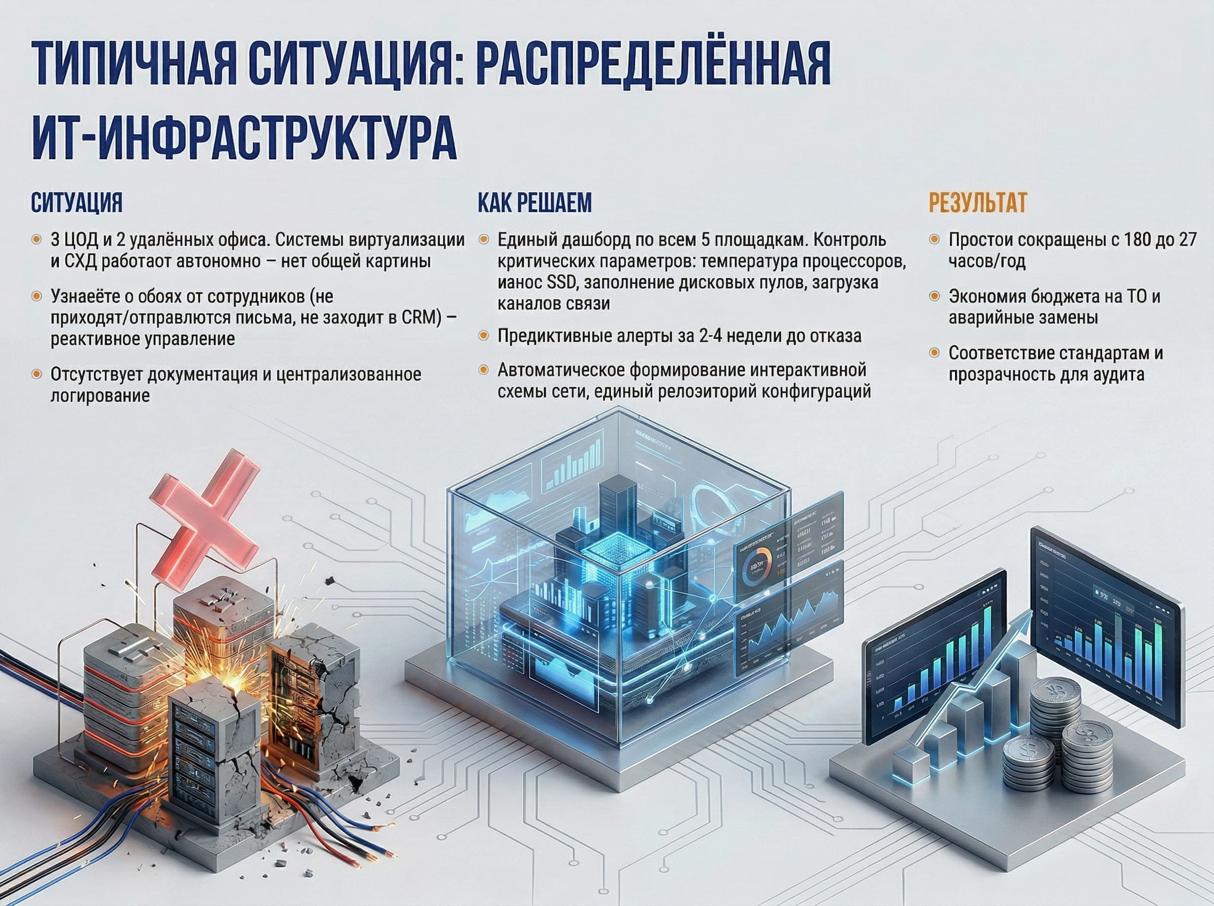 Схема распределенная ит-инфраструктура - ситуация, как решаем, результат