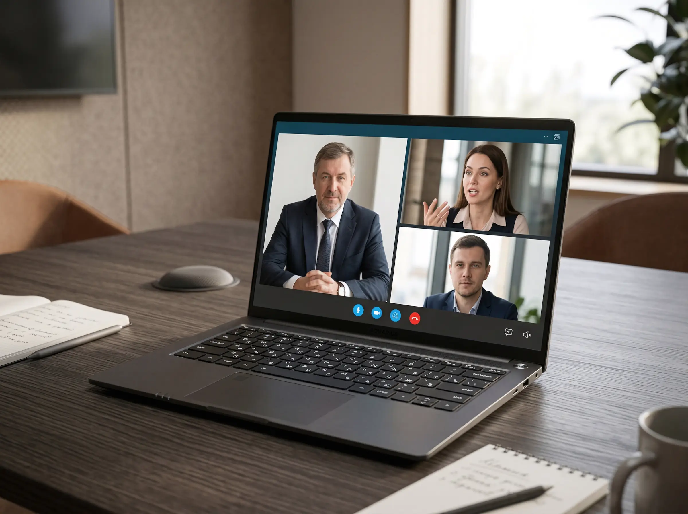 Ноутбук на столе, на экране видеоконференция