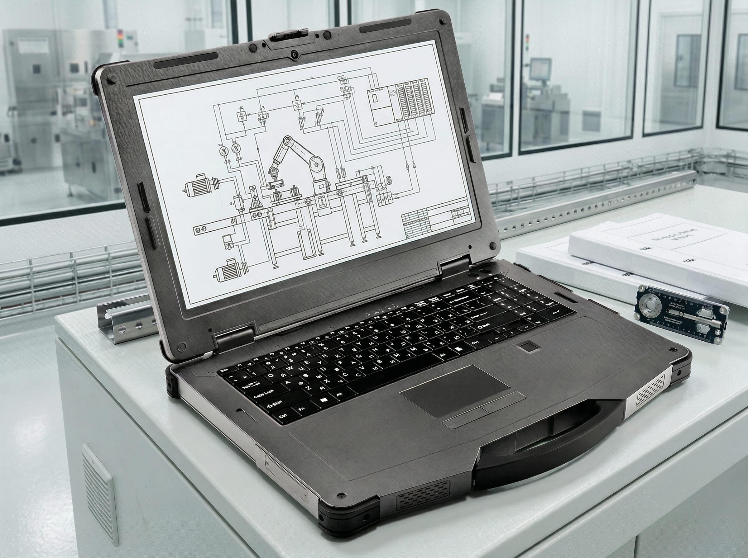Ноутбук с рабочей схемой на экране, на фоне чистое светлое промышленное помещение