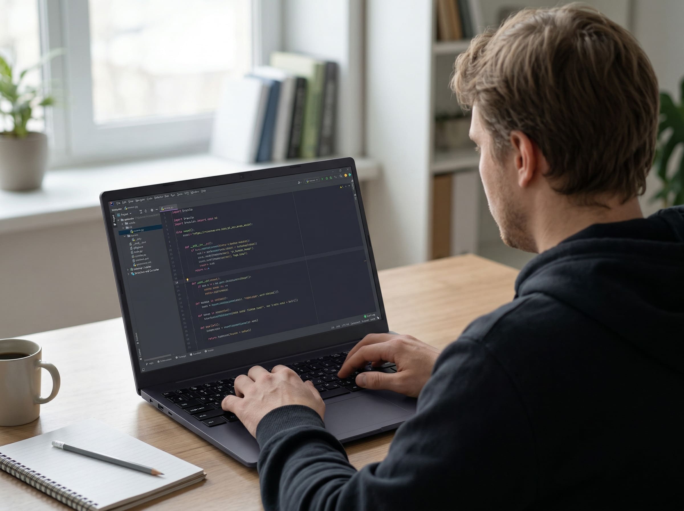 Рабочий стол за которым сидит разработчик и пишет код на ноутбуке