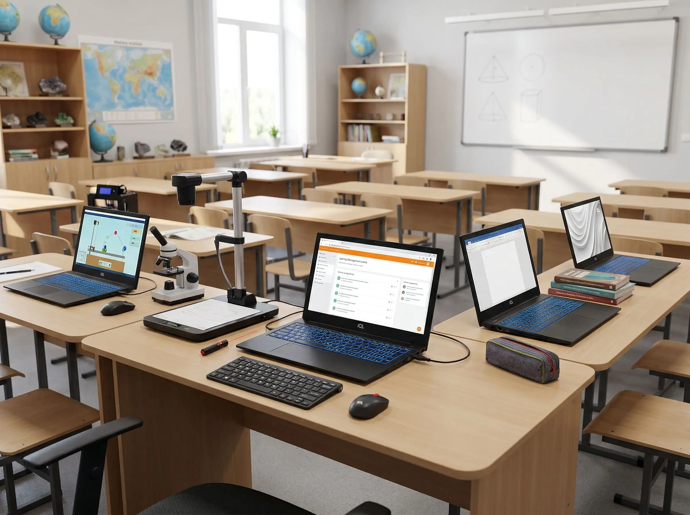 Ноутбуки RAYbook на партах в помещении класса