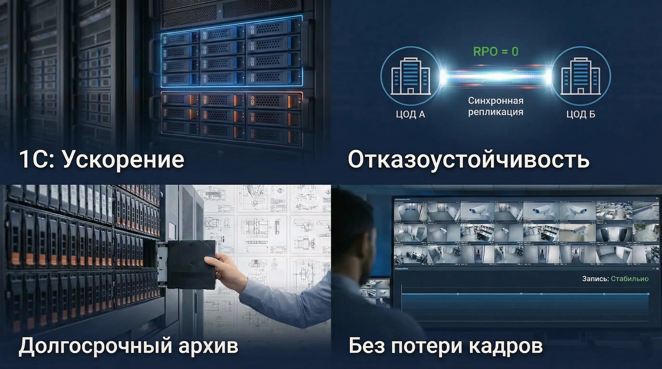 Отраслевые сценарии внедрения систем хранения данных (СХД): ускорение работы баз данных 1С, обеспечение отказоустойчивости с синхронной репликацией (RPO=0), организация долгосрочного архива и бесперебойная запись систем видеонаблюдения без потери кадров.