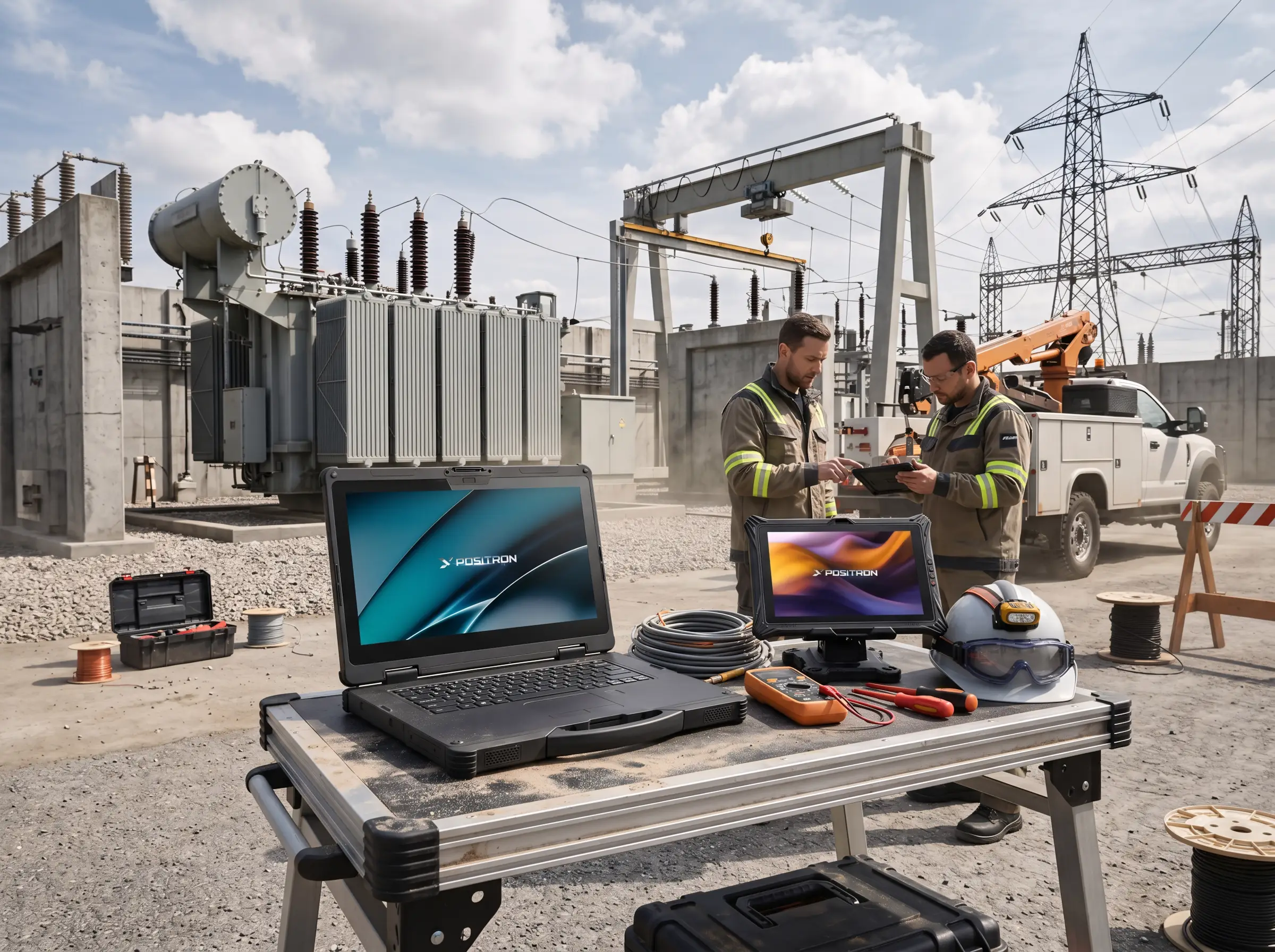 На фоне промышленность и работа в поле двое рабочих, на переднем плане ноутбук и планшет POSITRON