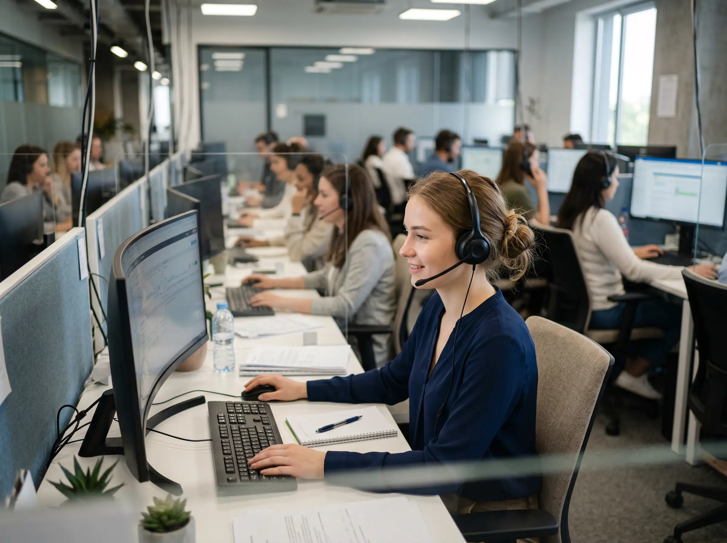 Помещение колл-центра с сотрудниками, которые работают с гарнитурой.