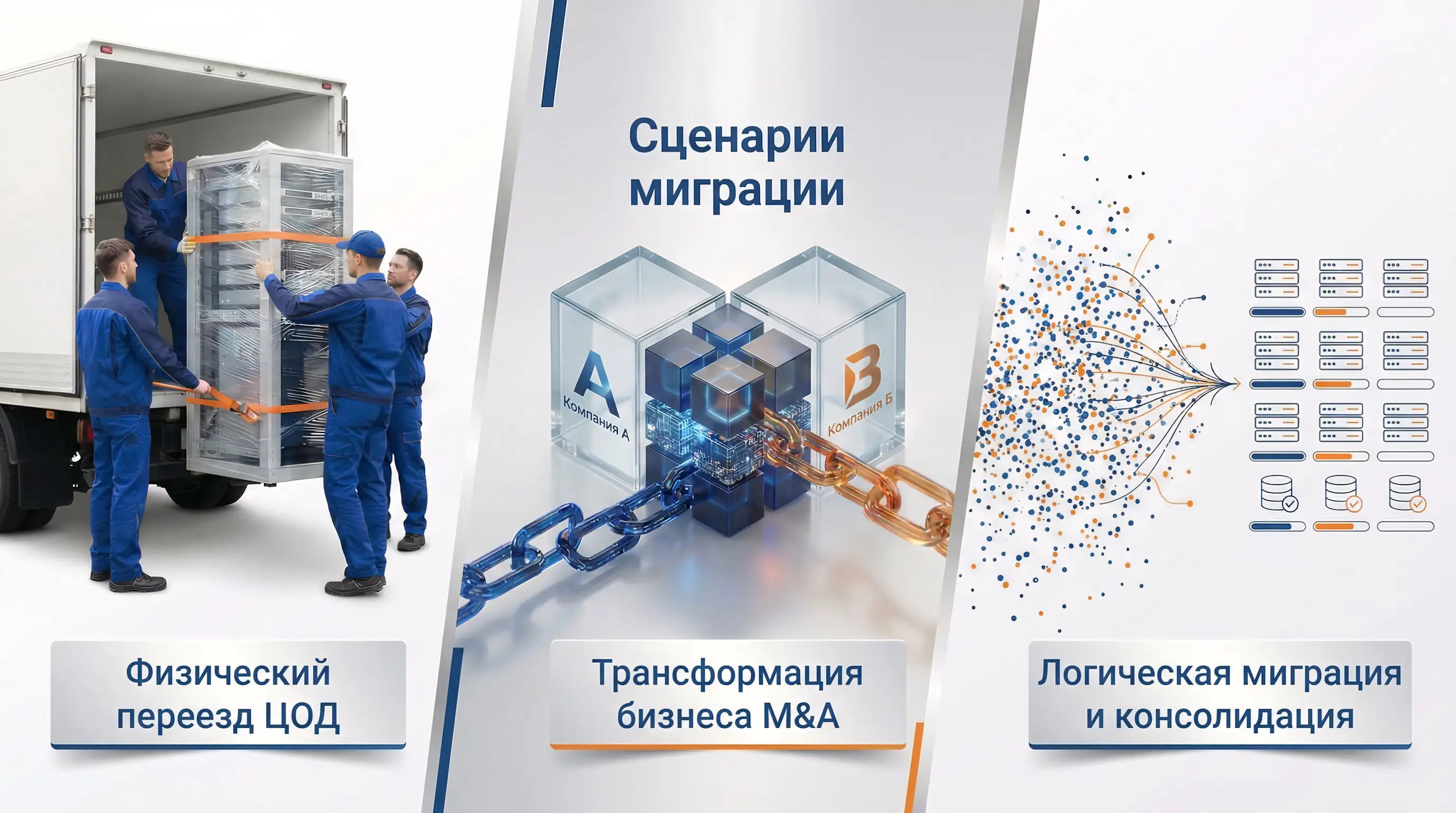 Основные сценарии миграции ИТ-инфраструктуры: услуги по физическому переезду центров обработки данных (ЦОД), объединение информационных систем при слиянии и поглощении бизнеса (M&A), а также логическая миграция и консолидация баз данных.