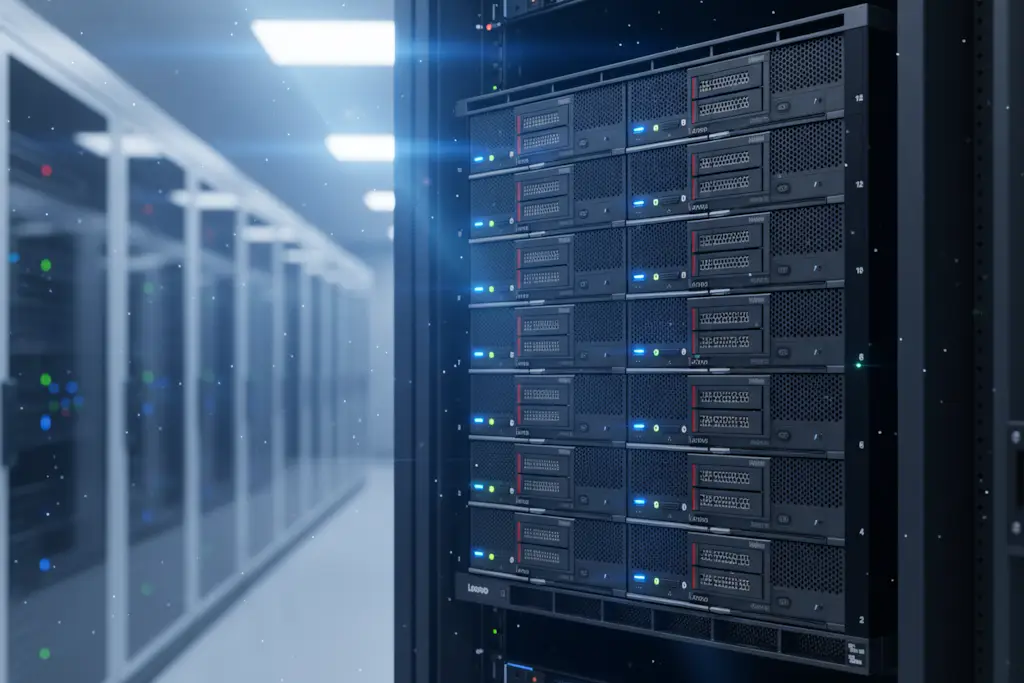 Блейд-серверы Lenovo в серверной стойке дата-центра