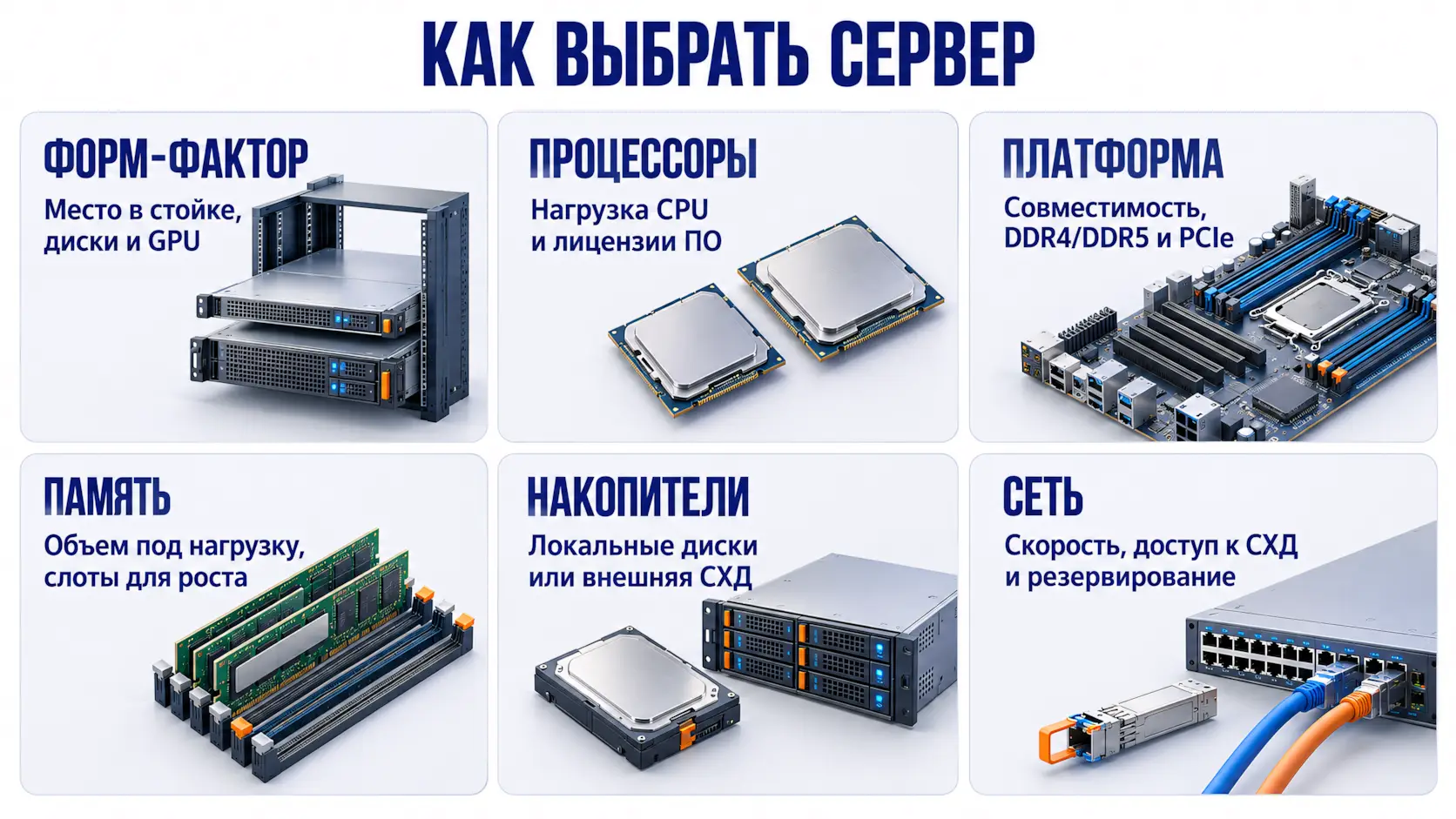 Как выбрать сервер: критерии подбора — форм-фактор, процессоры, платформа, память, накопители и сеть.