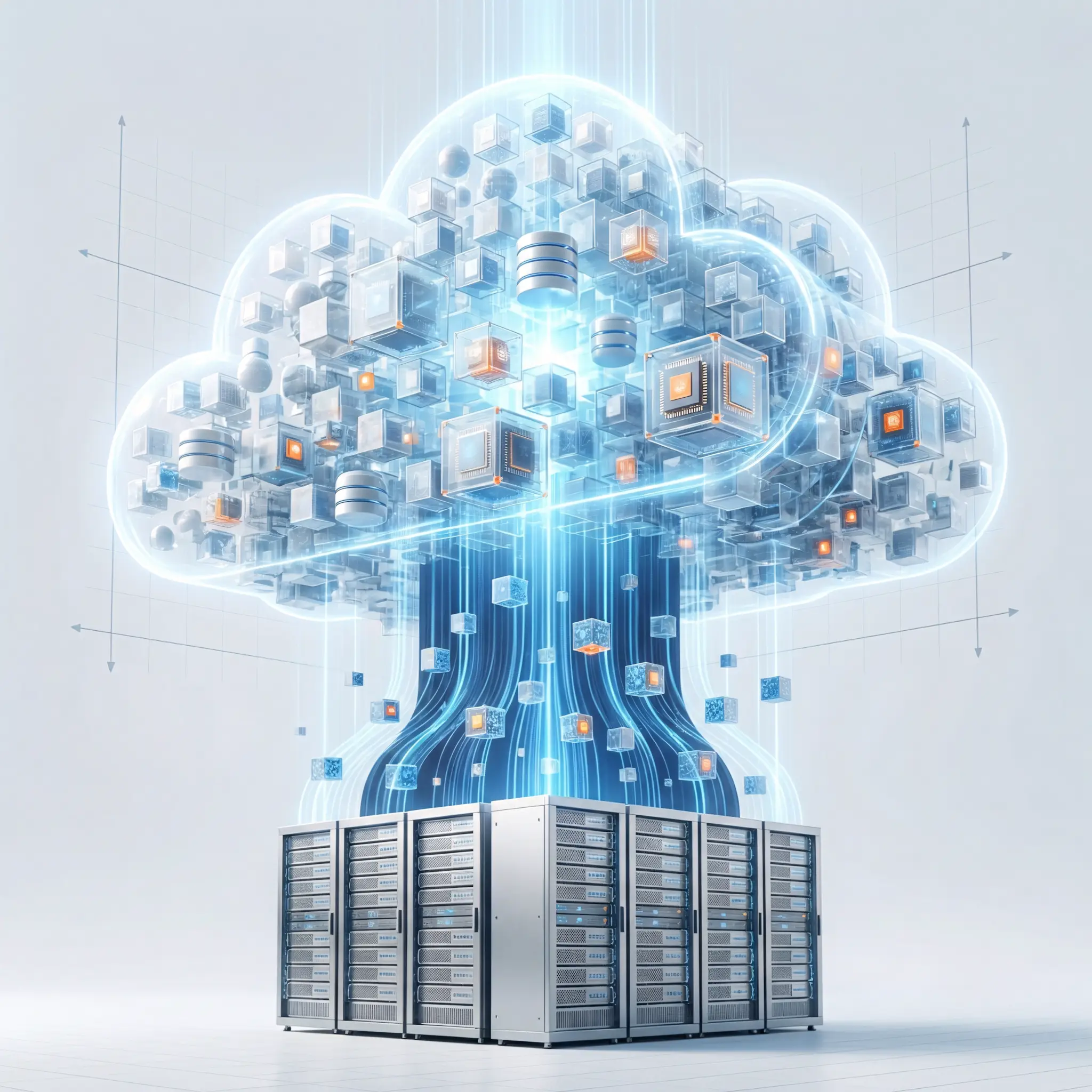 3D-визуализация миграции в облако: светящиеся потоки данных и блоки с микрочипами поднимаются от физических серверных стоек вверх, формируя большое полупрозрачное облако.