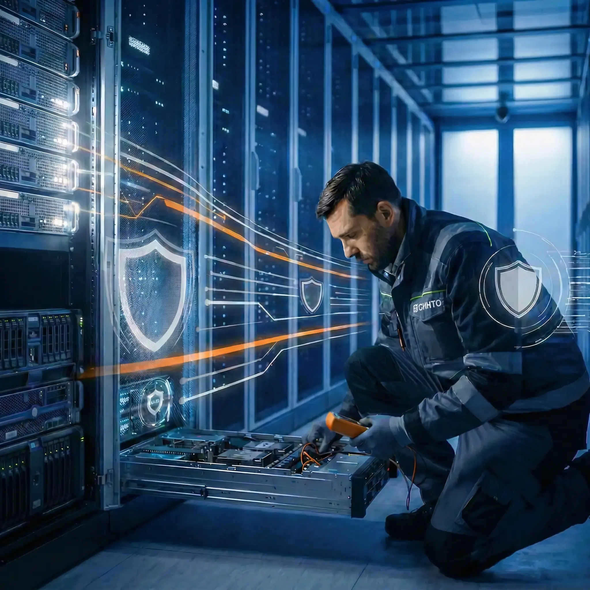 Специалист компании СИНТО выполняет сервисное обслуживание серверного оборудования ехническое обслуживание ИТ-инфраструктуры и обеспечение кибербезопасности серверов в современном ЦОД. Инженер проверяет оборудование на фоне защитных голограмм.