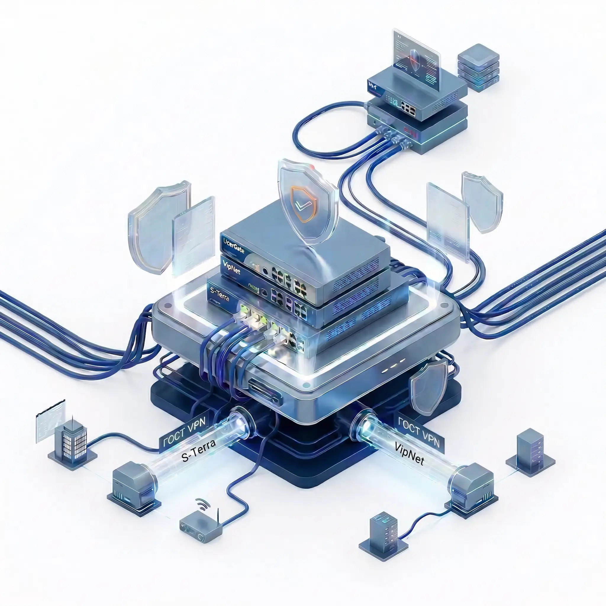 Абстрактная 3д схема сетевой безопасности предприятия на белом фоне