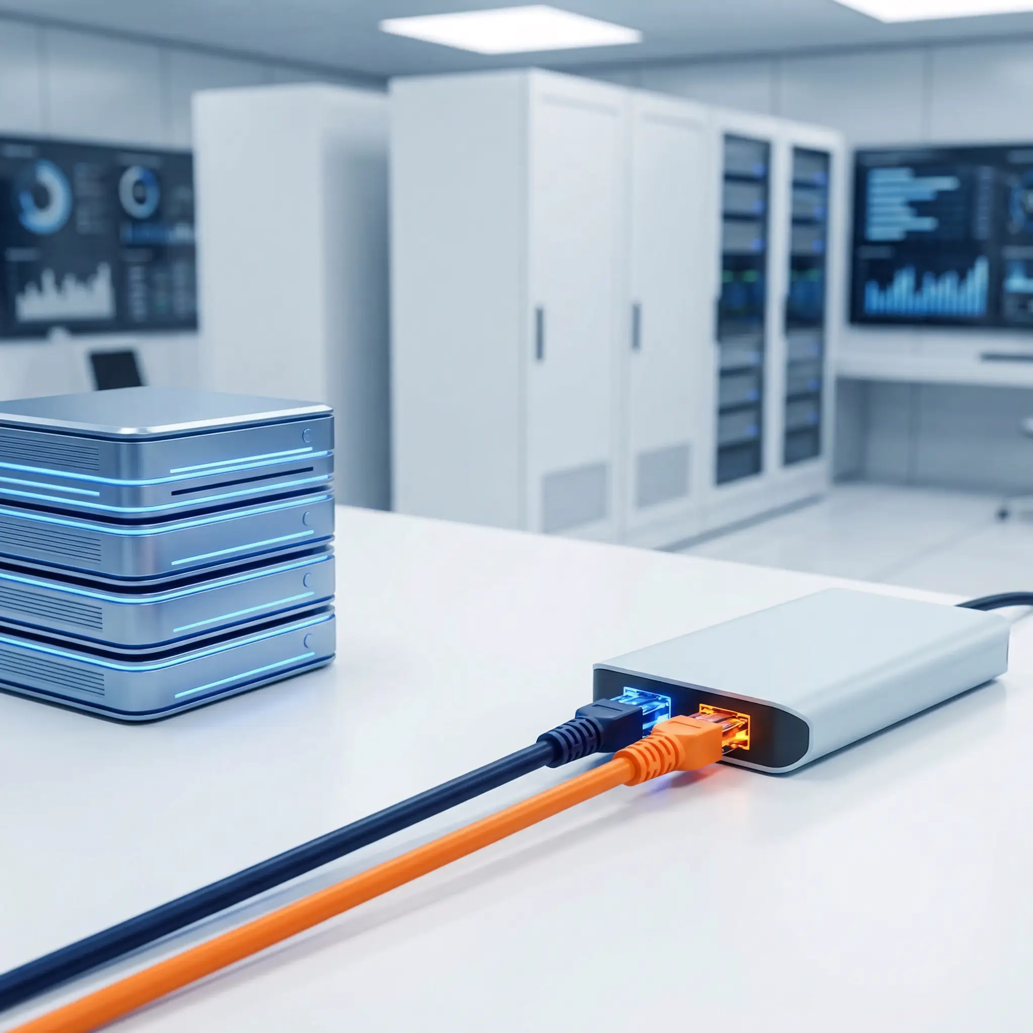 Проектирование и монтаж структурированных кабельных систем (СКС) и ЛВС. Подключение оранжевого и черного сетевых кабелей (патч-кордов) к коммутатору на фоне современного центра обработки данных.