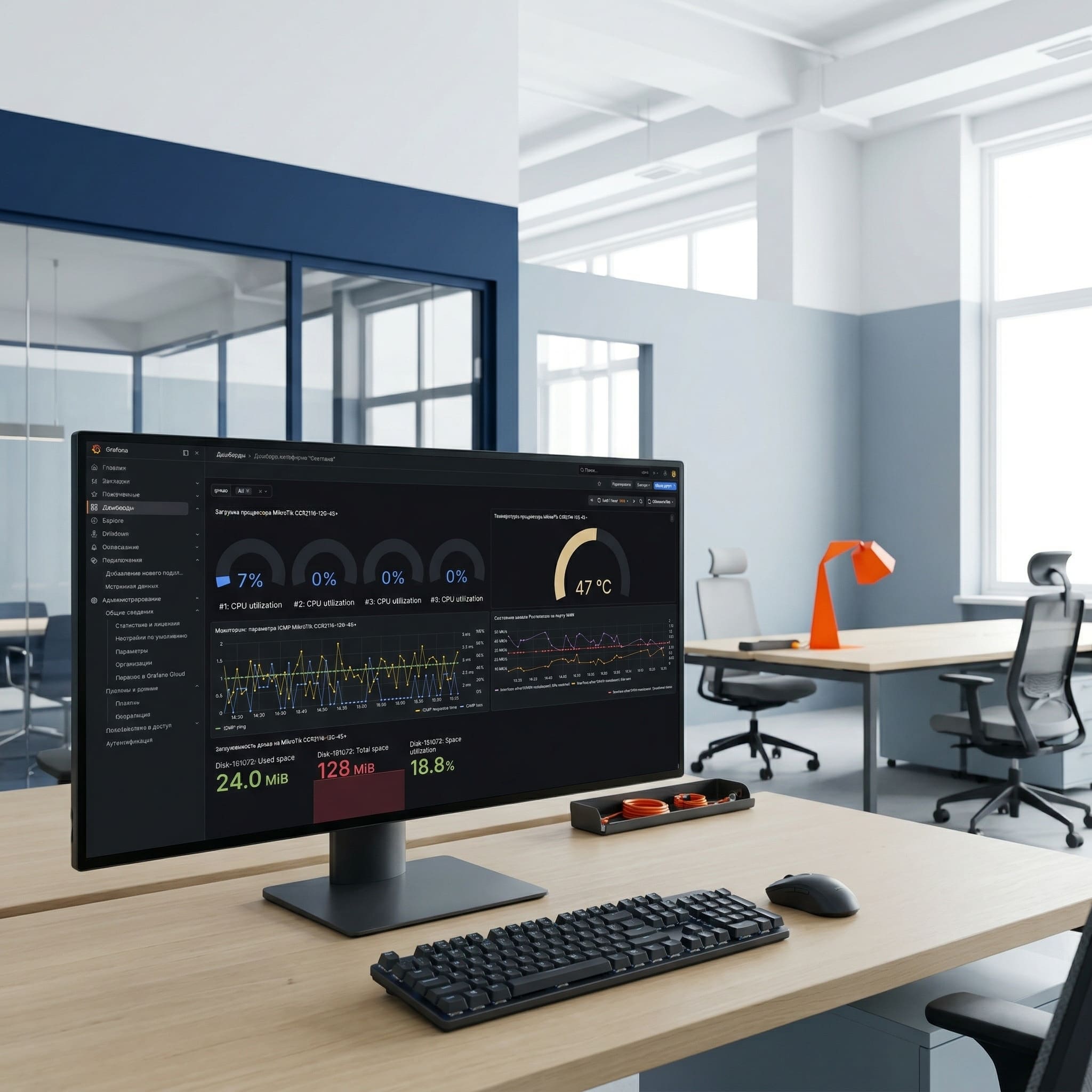 Внедрение систем мониторинга ИТ-инфраструктуры и серверов Монитор, где изображен дашборд ИТ мониторинга