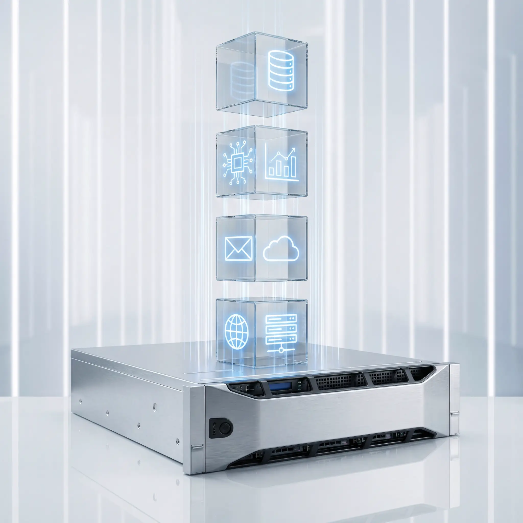 Виртуализация: несколько виртуальных сервисов (базы данных, почта, веб) работают на базе одного физического сервера.