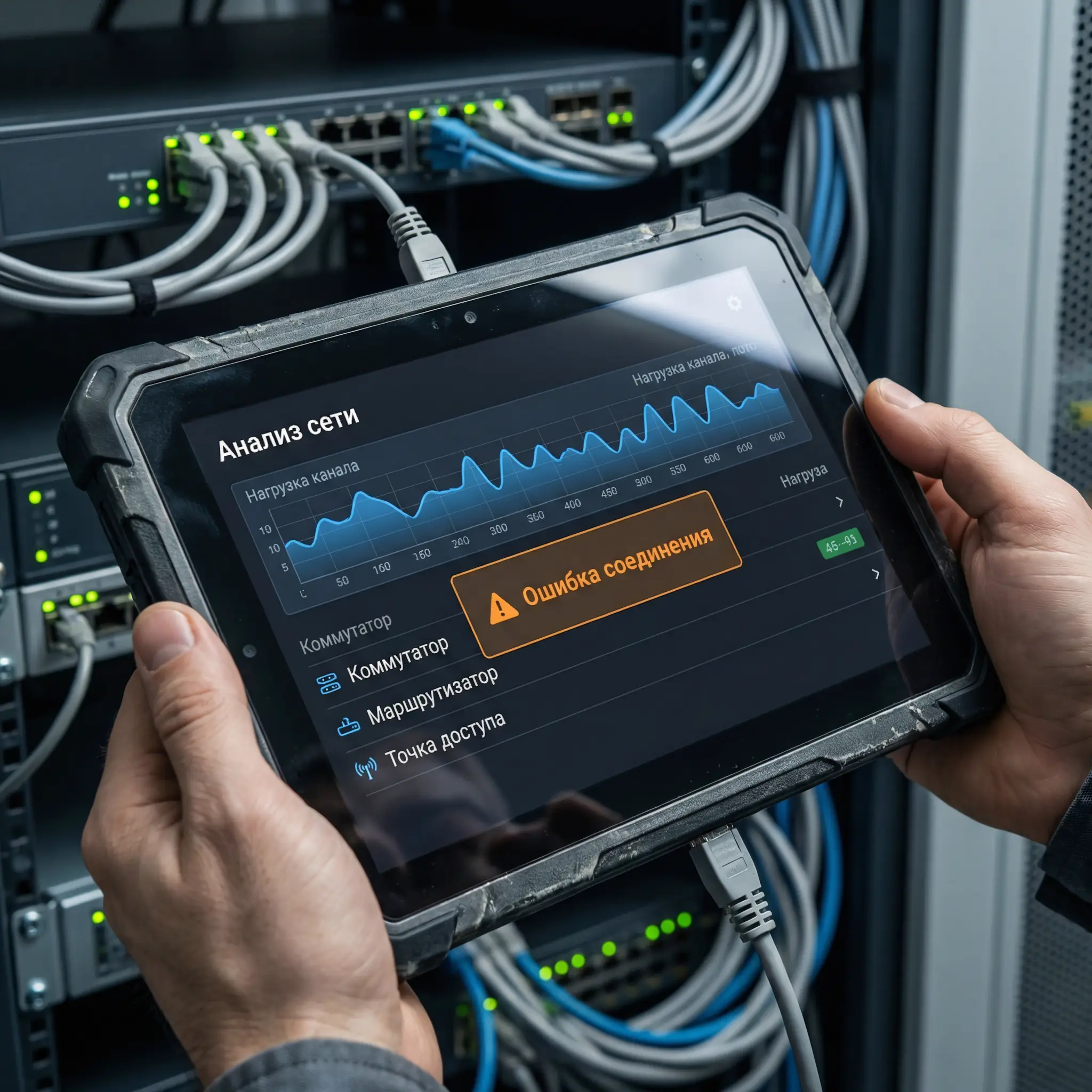 Инженер держит в руках защищенный планшет с открытым приложением "Анализ сети", показывающим график нагрузки канала и уведомление об ошибке соединения, на фоне коммутатора с подключенными Ethernet-кабелями.