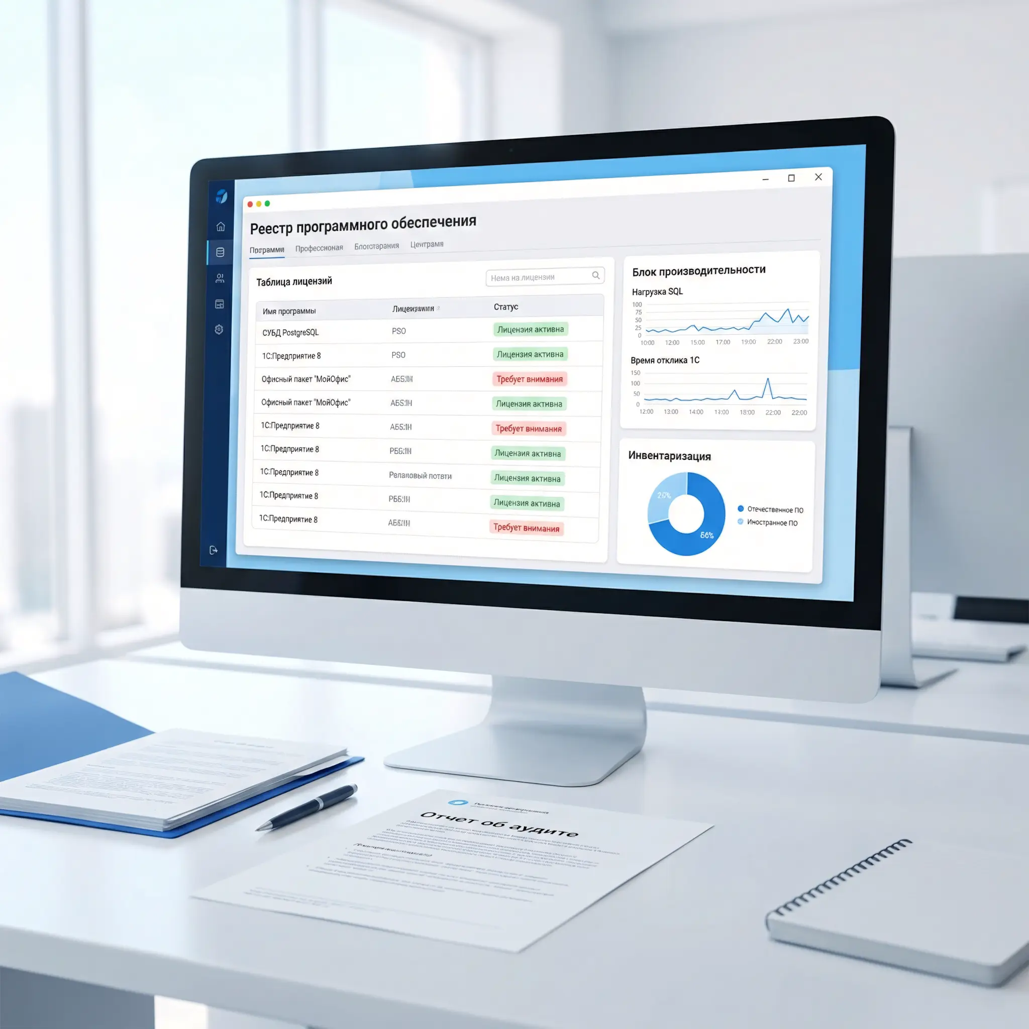 Аудит программного обеспечения: интерфейс системы учета лицензий и готовый отчет Монитор компьютера с открытым реестром программного обеспечения и печатный отчет об аудите на рабочем столе