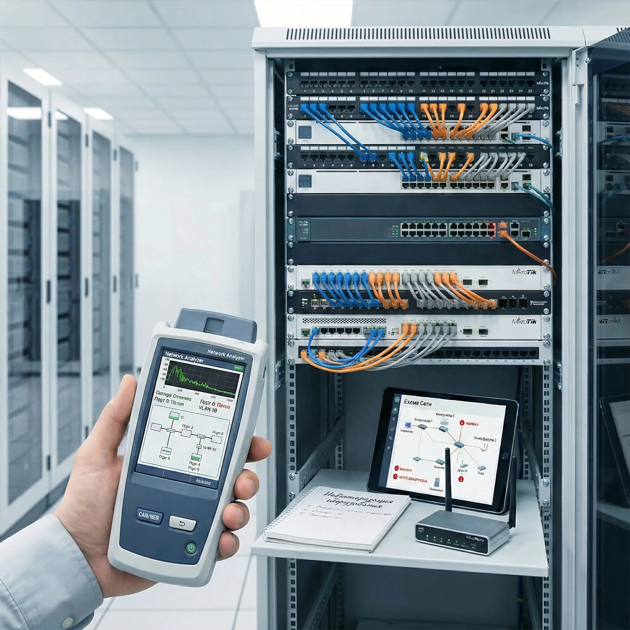 ИТ-специалист проводит аудит сети, держа в руке портативный сетевой анализатор на фоне серверной стойки с коммутаторами, кабелями и планшетом, на котором открыта топология сети.