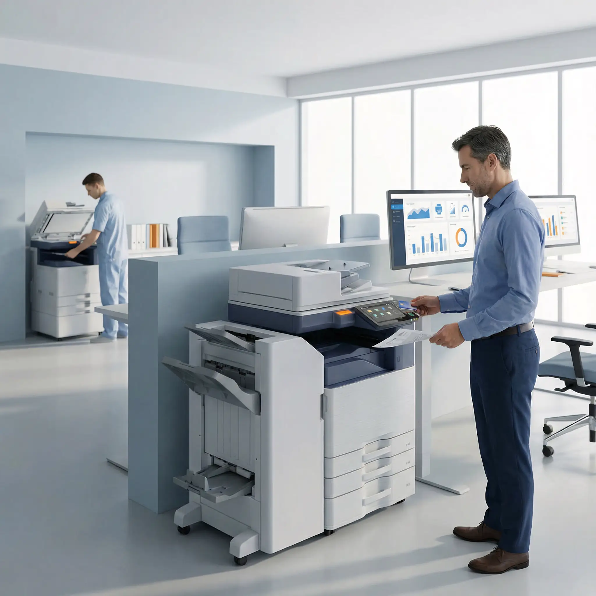 Использование централизованной системы управления корпоративной печатью. На переднем плане менеджер забирает документы из напольного МФУ после авторизации, на мониторе компьютера выведена статистика и аналитика объемов печати.