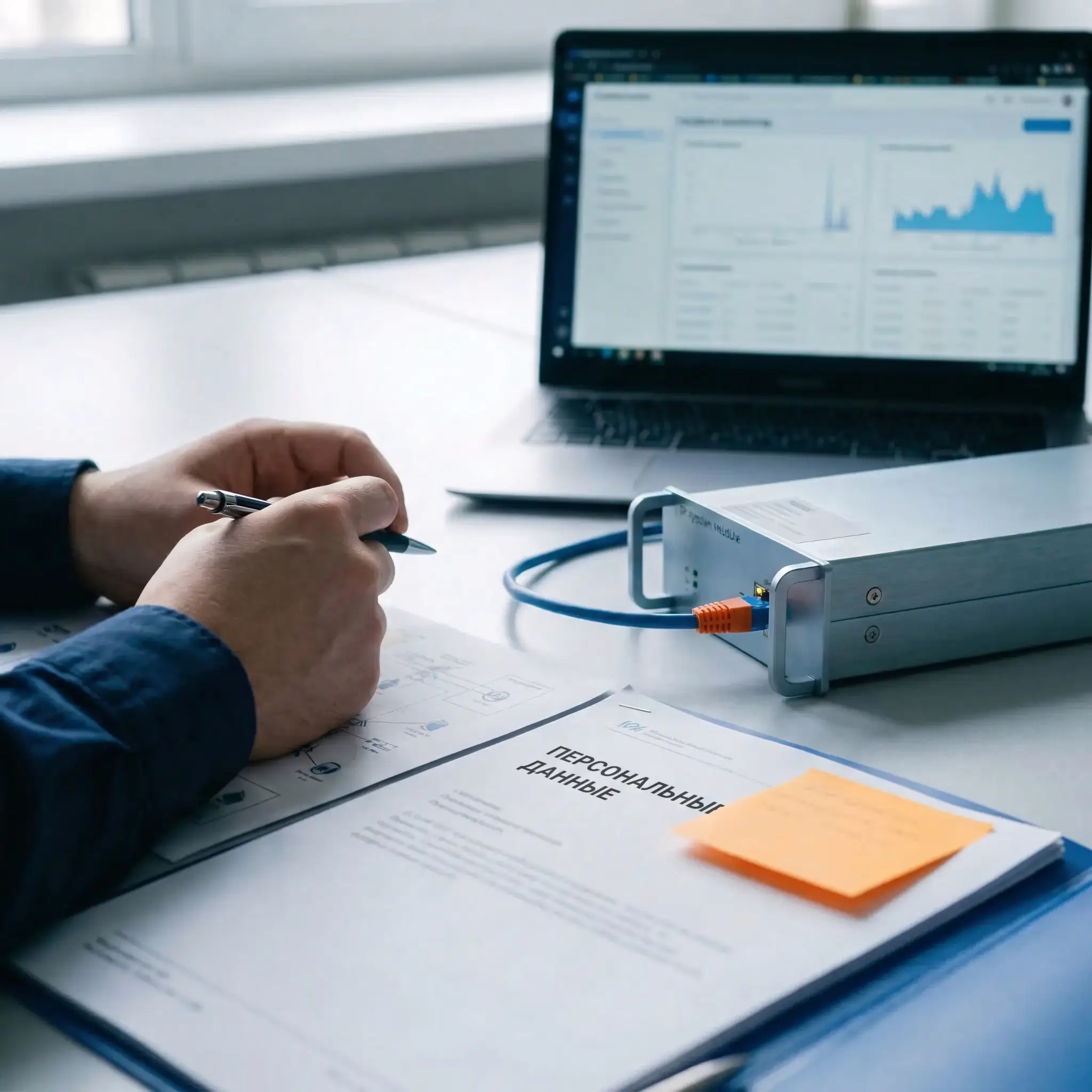 Рука сотрудника с ручкой за офисным столом, на столе документ с надписью персональные данные