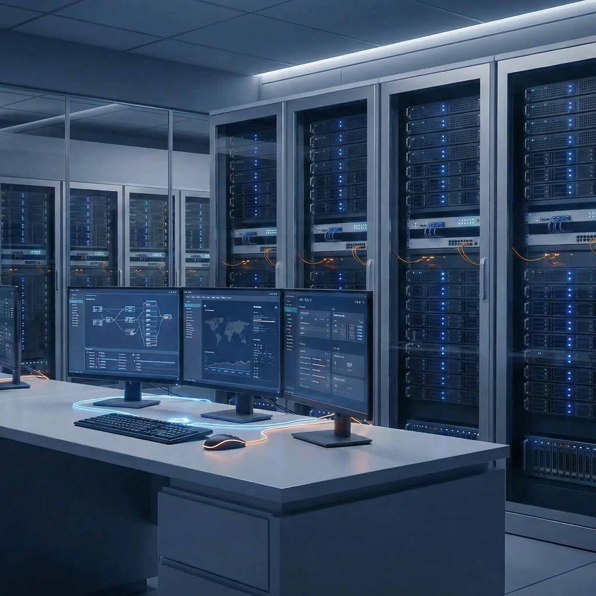 Рабочий стол и серверная, который показывают ИТ-инфраструктуру бизнеса