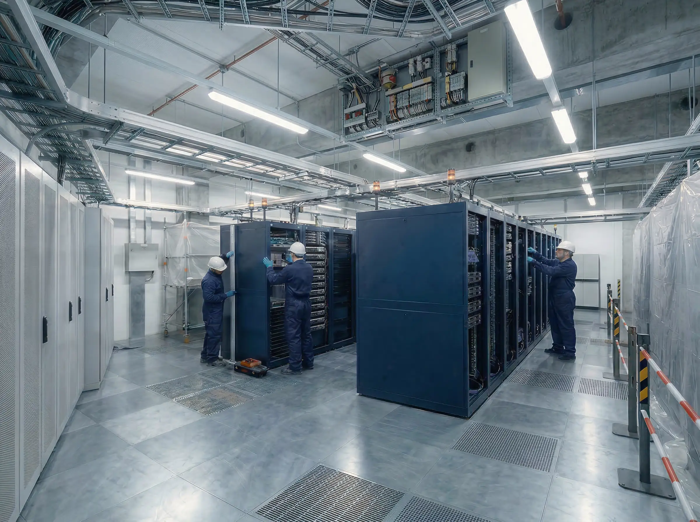 Инженеры выполняют реконструкцию и модернизацию серверных шкафов