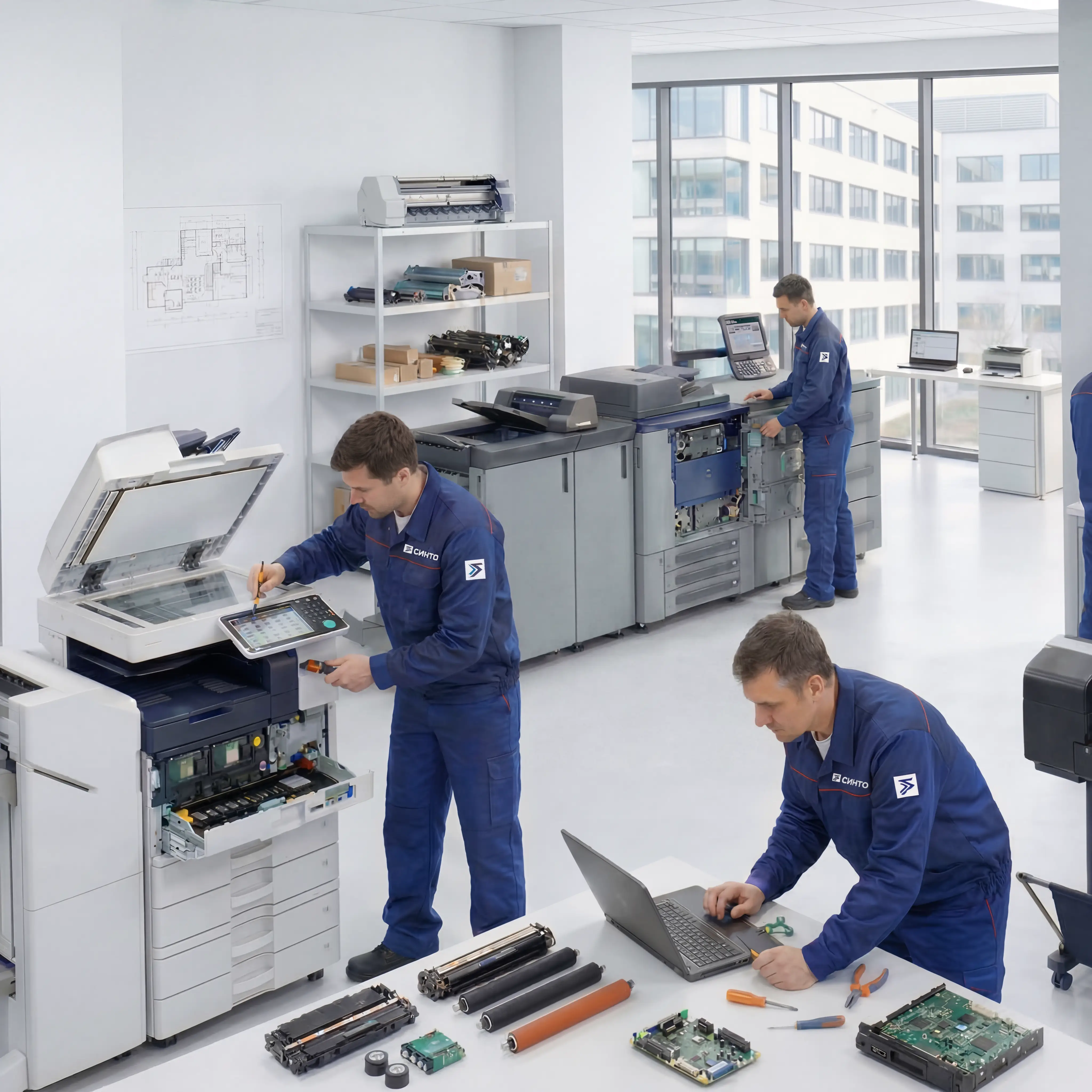 Сотрудники СИНТО проводят ремонт печатной техники в офисе.