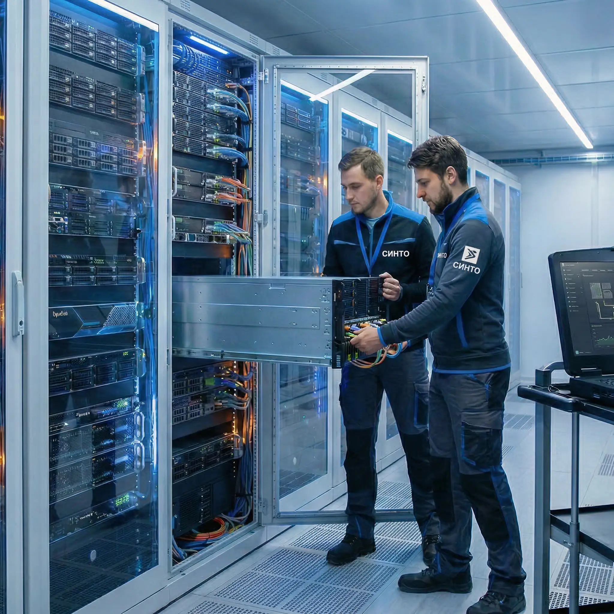 Два инженера в фирменной спецодежде СИНТО совместно устанавливают массивный серверный блок в телекоммуникационный шкаф в машинном зале современного дата-центра, рядом на тележке стоит ноутбук с открытым интерфейсом управления.