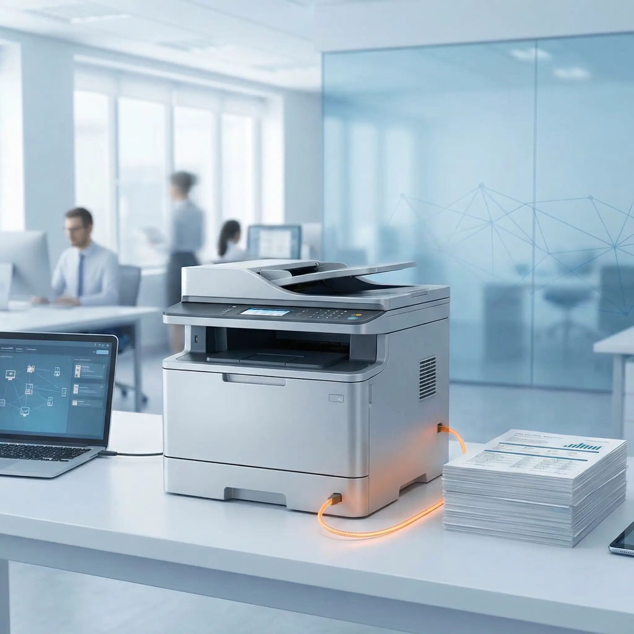 МФУ на столе в офисе, рядом распечатанная стопка документов.