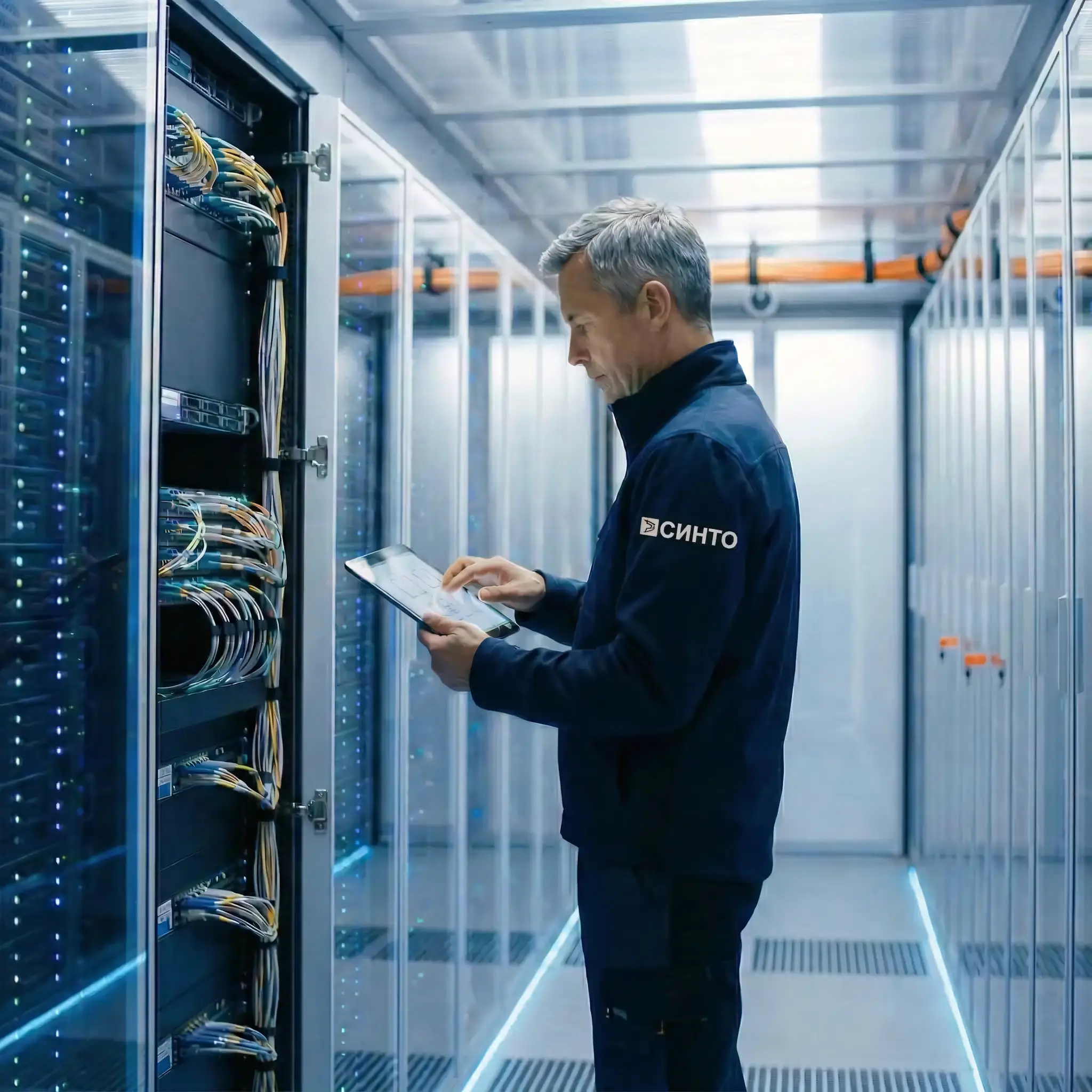 Проектирование и внедрение систем хранения данных (СХД): системный инженер проводит диагностику и настройку сетевого оборудования и кабельной инфраструктуры с помощью планшета в серверной.