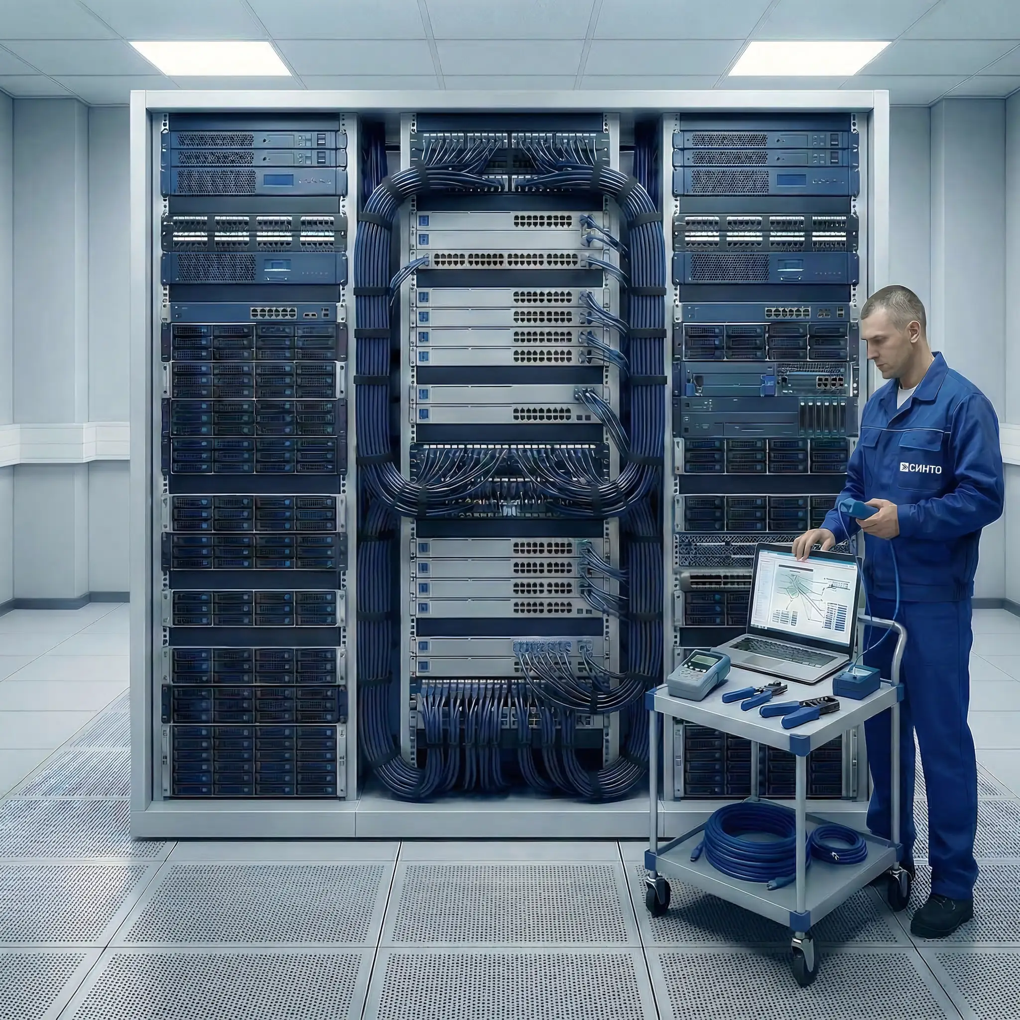 Инженер СИНТО обследует локально-вычислительная сеть в помещении
