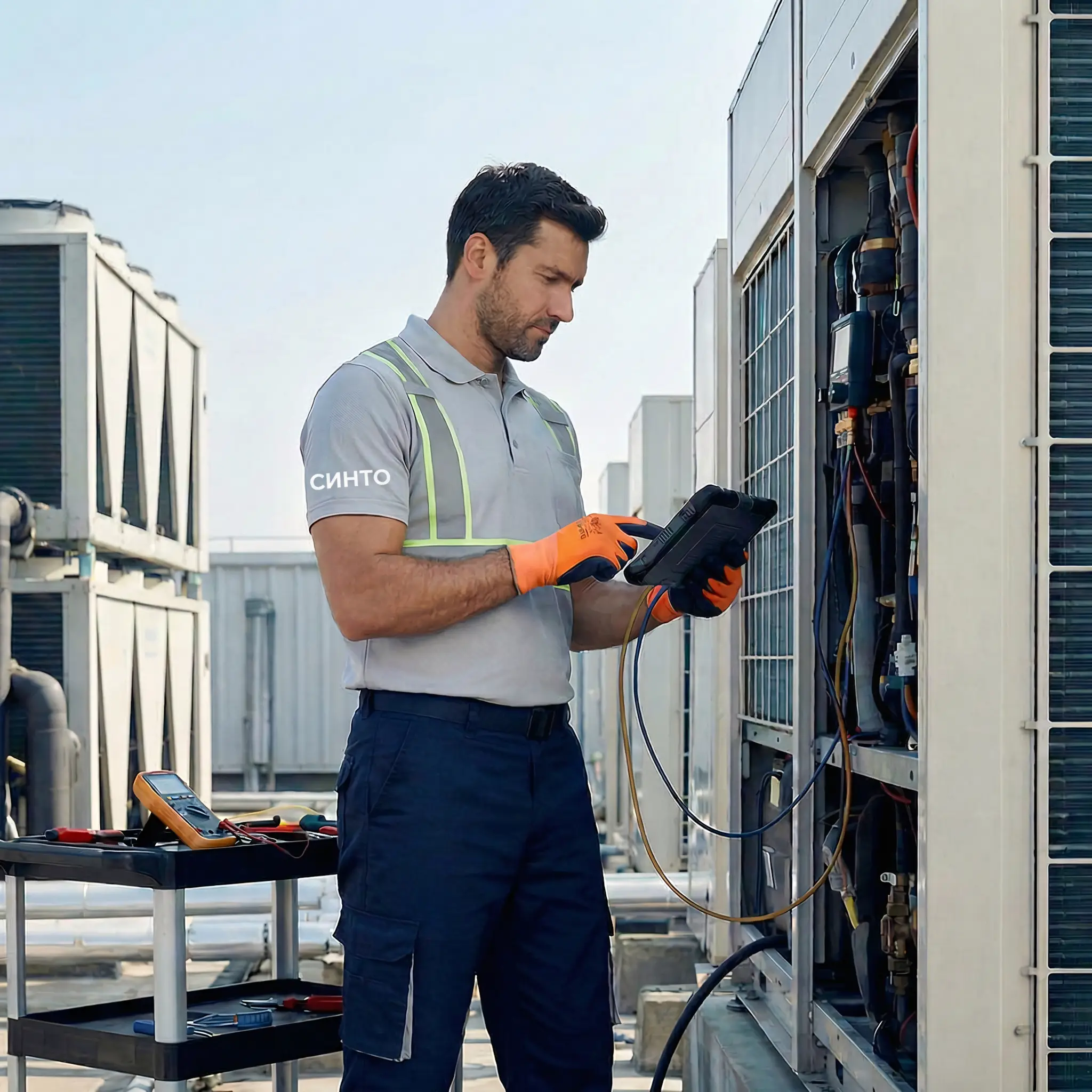 Инженер компании СИНТО проводит диагностику внешнего блока промышленной системы охлаждения дата-центра. Специалист подключает диагностический планшет к открытому щиту управления чиллером на крыше здания; рядом на столике лежат мультиметр и инструменты.
