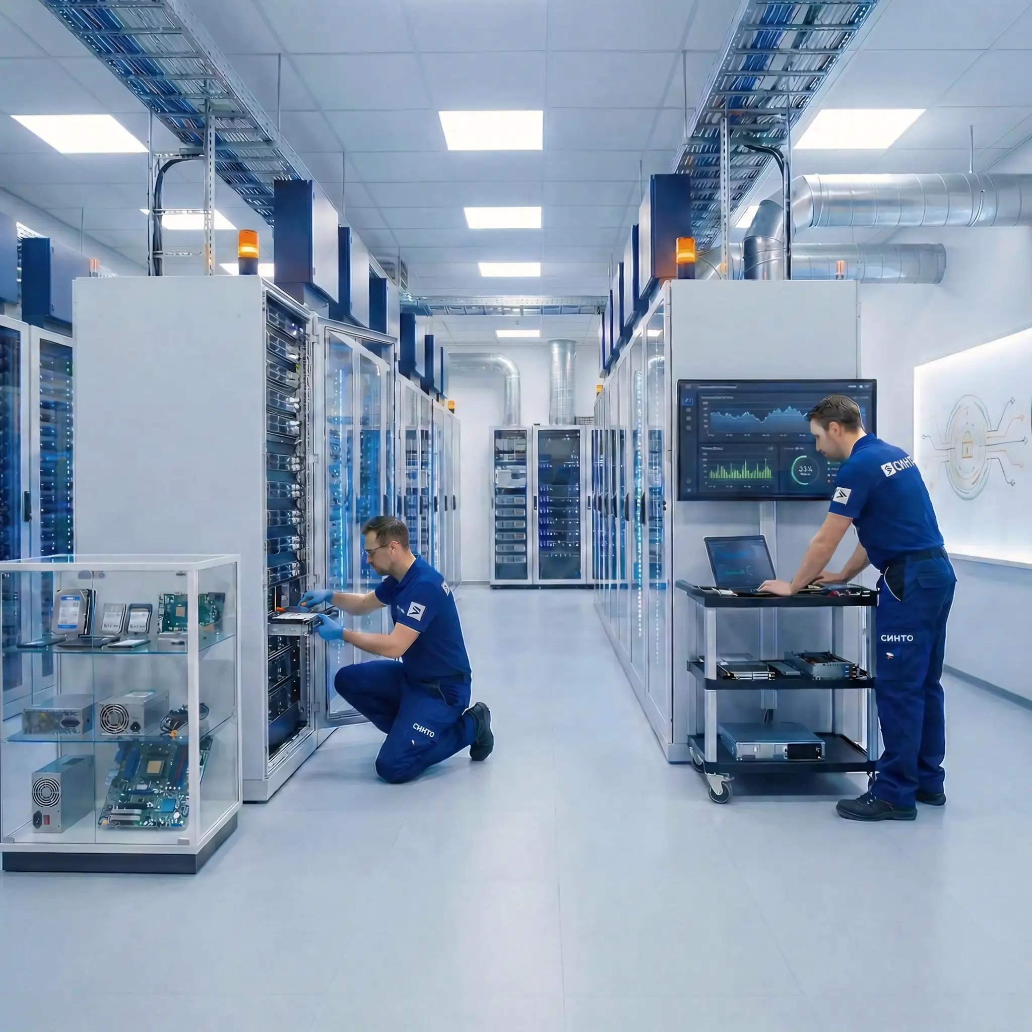 Специалист анализирует данные на большом настенном экране системы мониторинга ЦОД (DCIM), пока второй инженер проводит физическую диагностику серверной стойки в машинном зале.