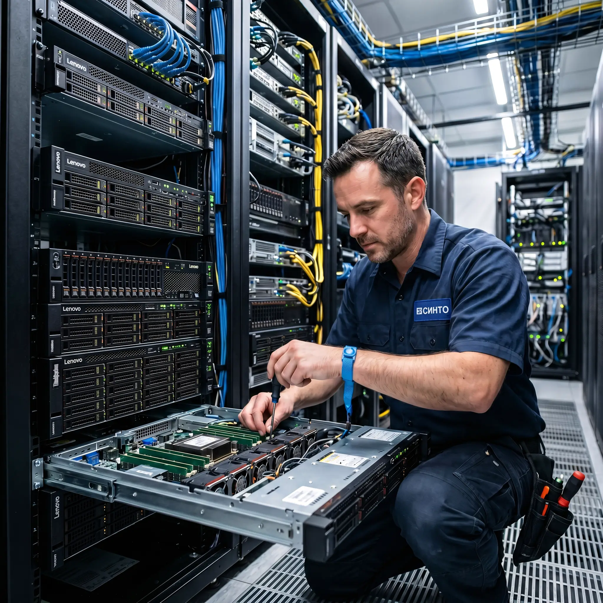 Сотрудник СИНТО в форме выполняет сервисное обслуживание и ремонт серверов Lenovo