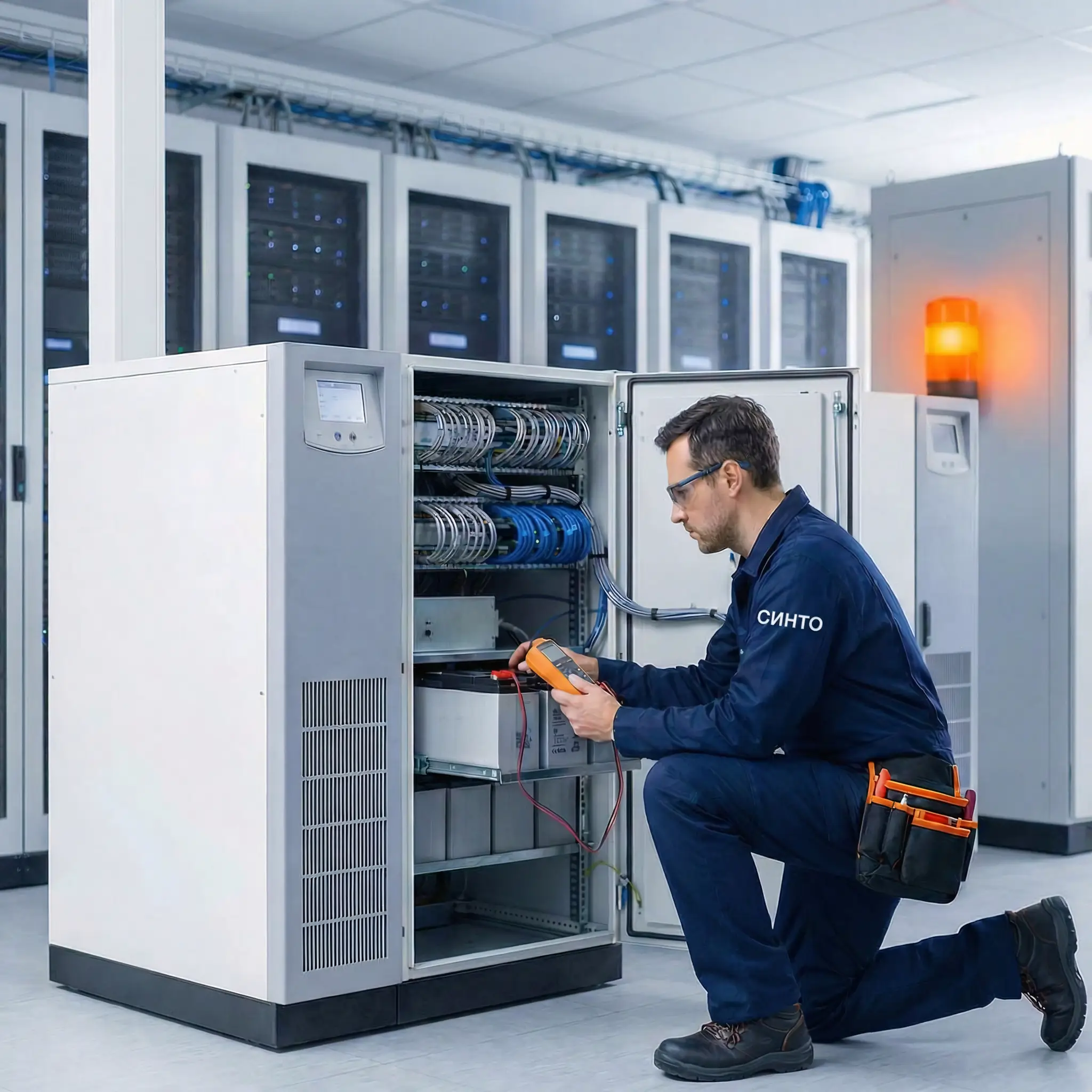 Инженер компании СИНТО проводит диагностику аккумуляторных батарей в открытом шкафу источника бесперебойного питания (ИБП) с помощью мультиметра.