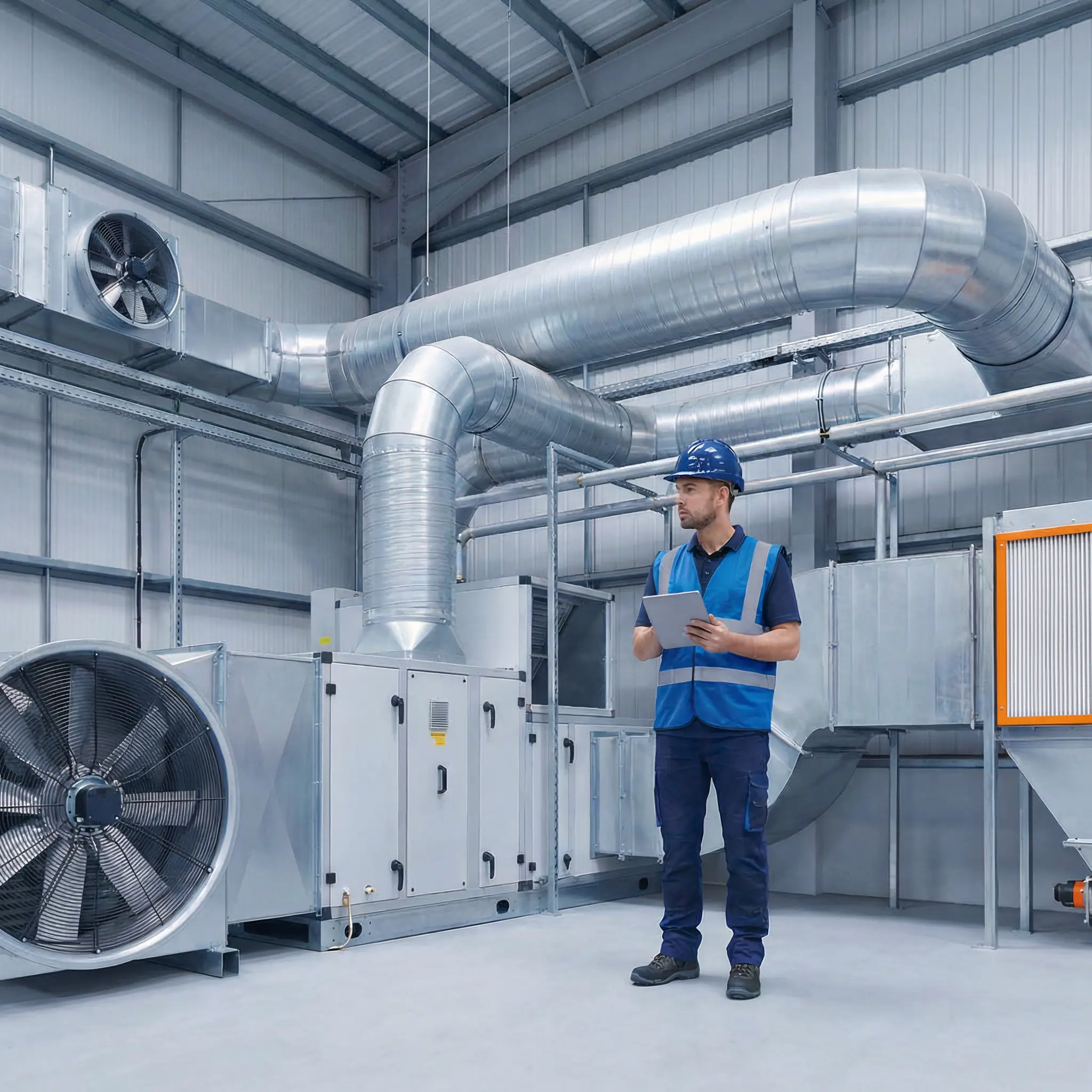 Инженер в синей спецодежде и каске с планшетом в руках проводит осмотр массивной системы вентиляции и охлаждения дата-центра. На заднем плане видны крупные промышленные вентиляторы и система воздуховодов из оцинкованной стали.