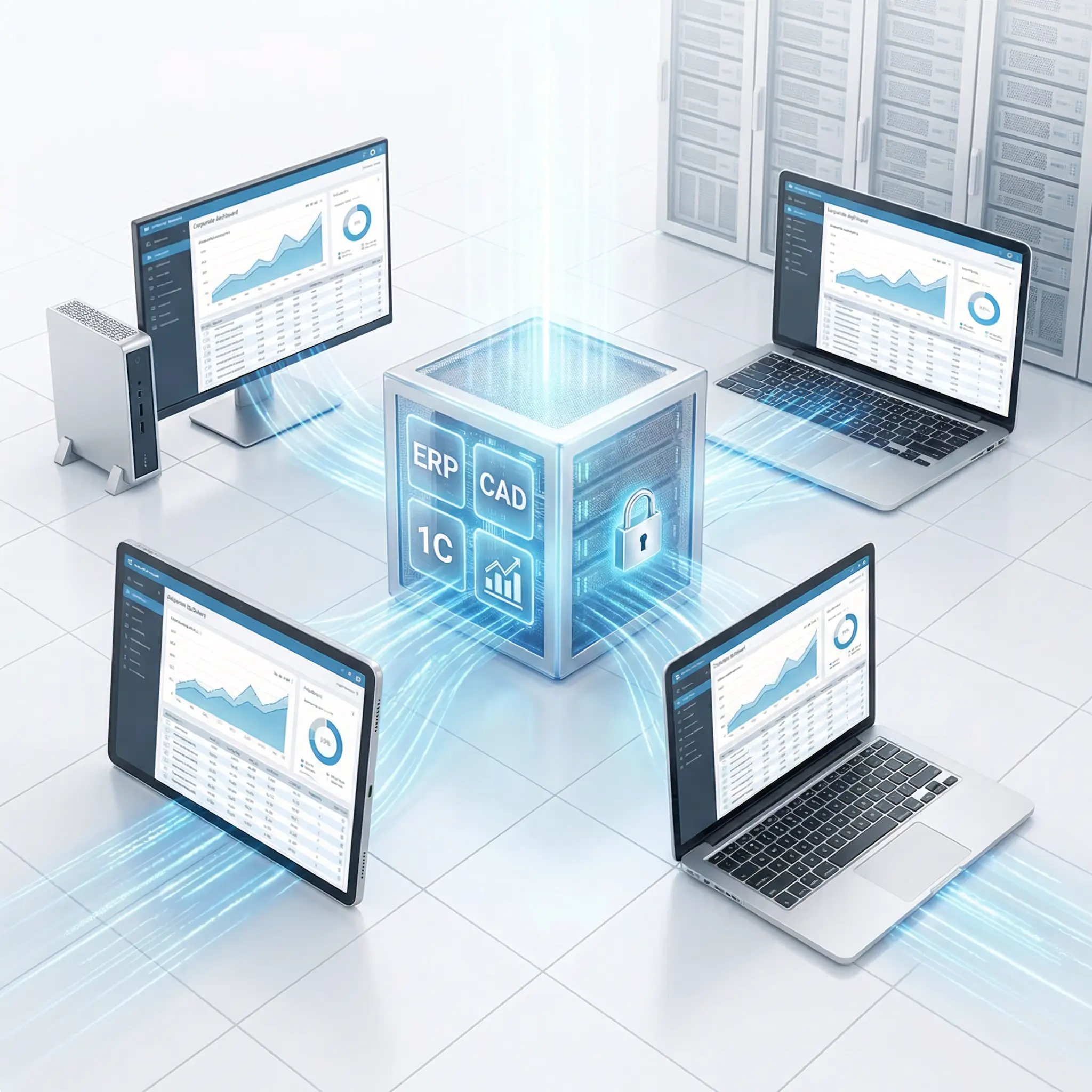 хема виртуализации: центральный сервер раздает доступ к приложениям на компьютеры и планшет пользователя.