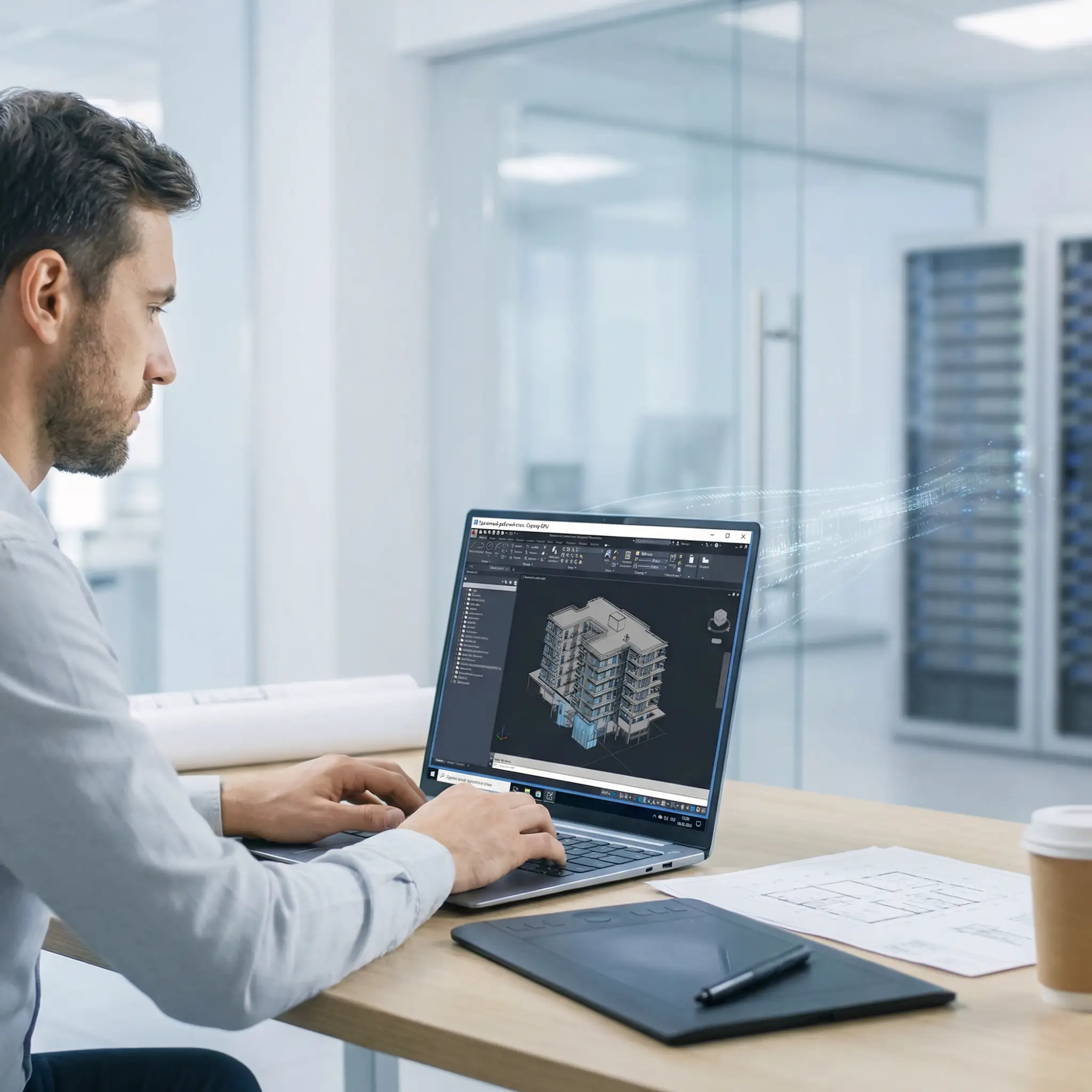 Специалист работает с 3D-графикой на ноутбуке через удаленное подключение к серверу.