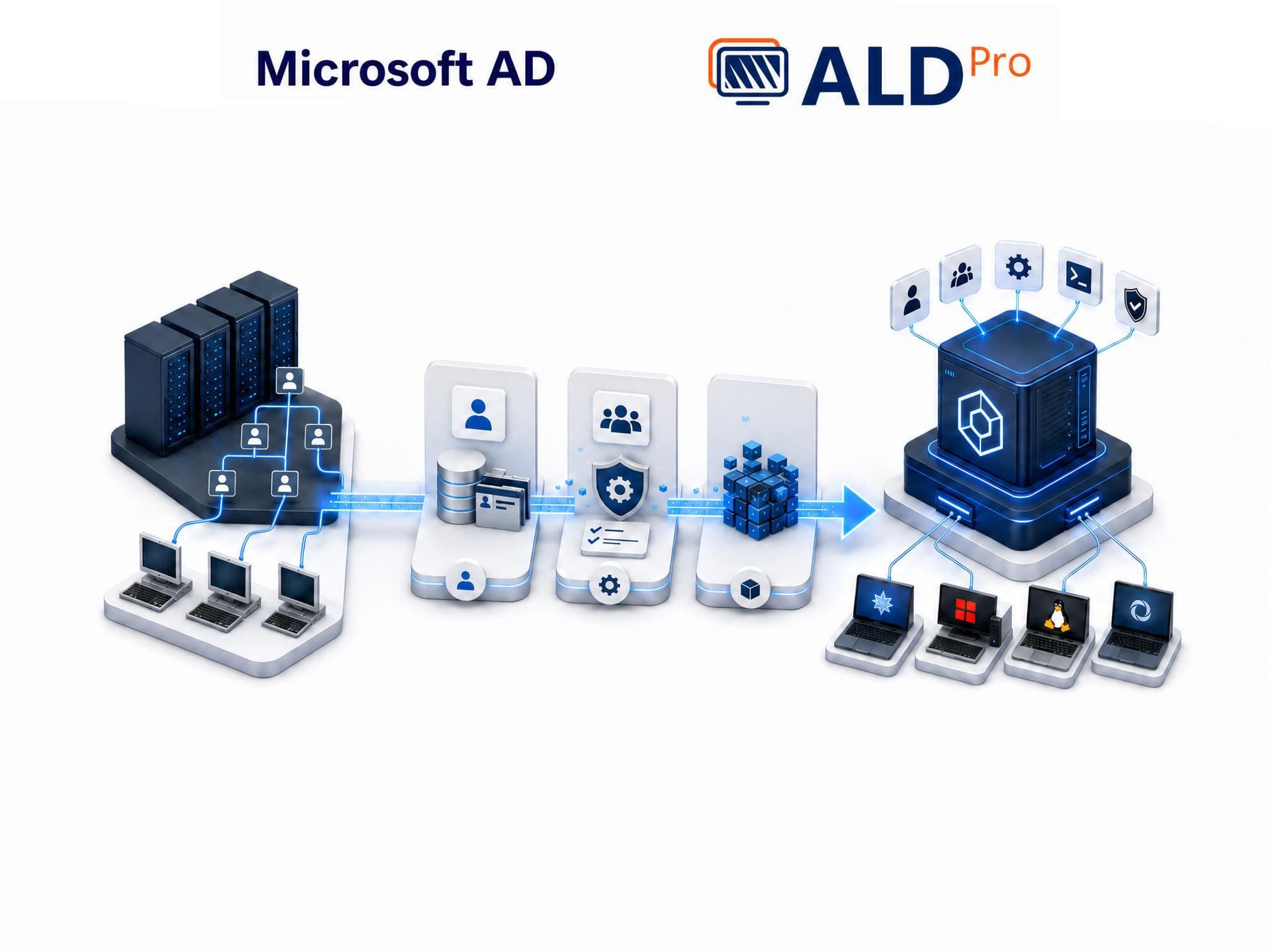 ALD Pro миграции с Active Directory Абстрактное изображение миграции с Active Directory на Ald Pro