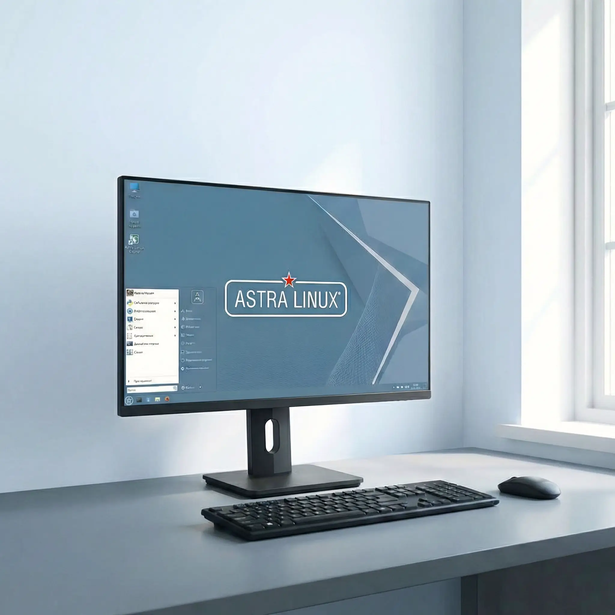 Монитор в светлом офисе, на рабочем столе операционная система Astra Linux