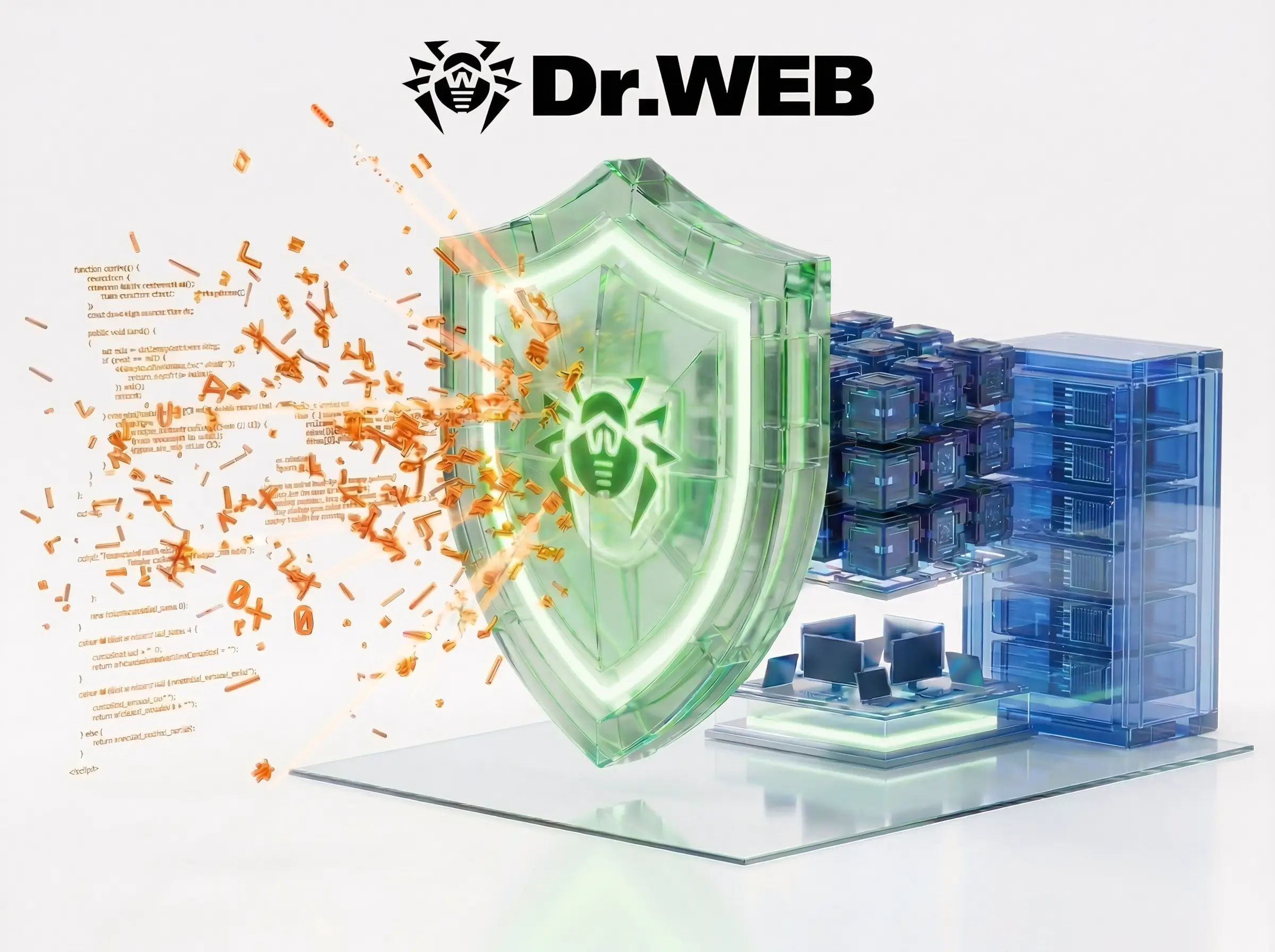 Изображение антивирусной защиты Dr.Web - зеленого щита и вирусов, которые пытаются пробиться сквозь него.