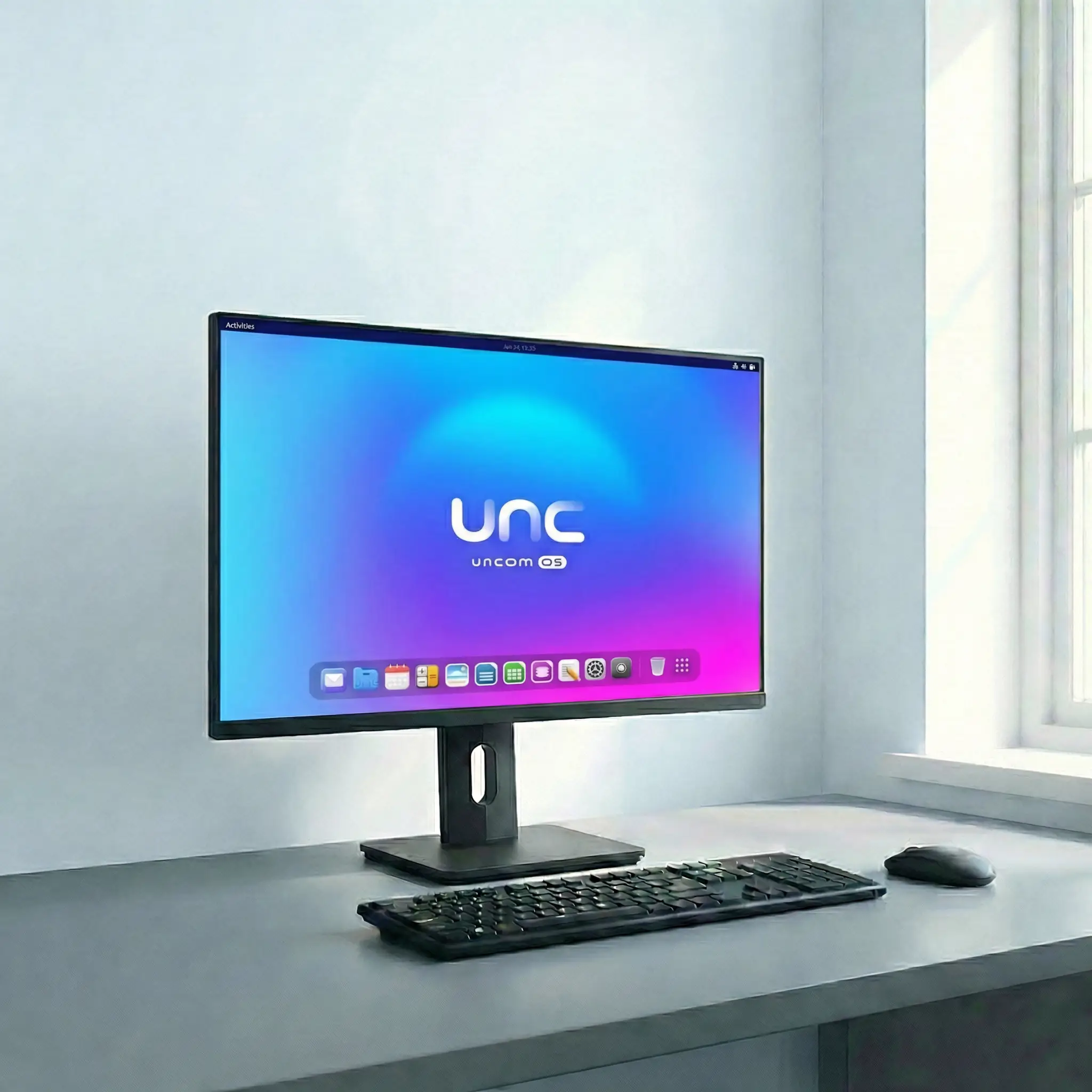 Монитор в светлом офисе, на рабочем столе операционная система UNCOM OS